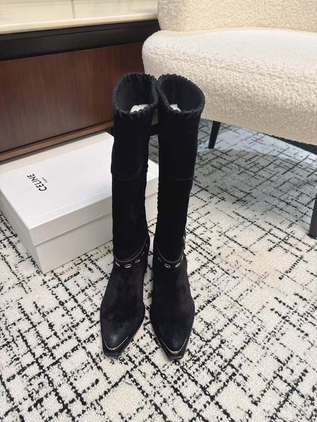Celine 26S Western Buckle Jumping Boots 4.5cm Black Suede 118190