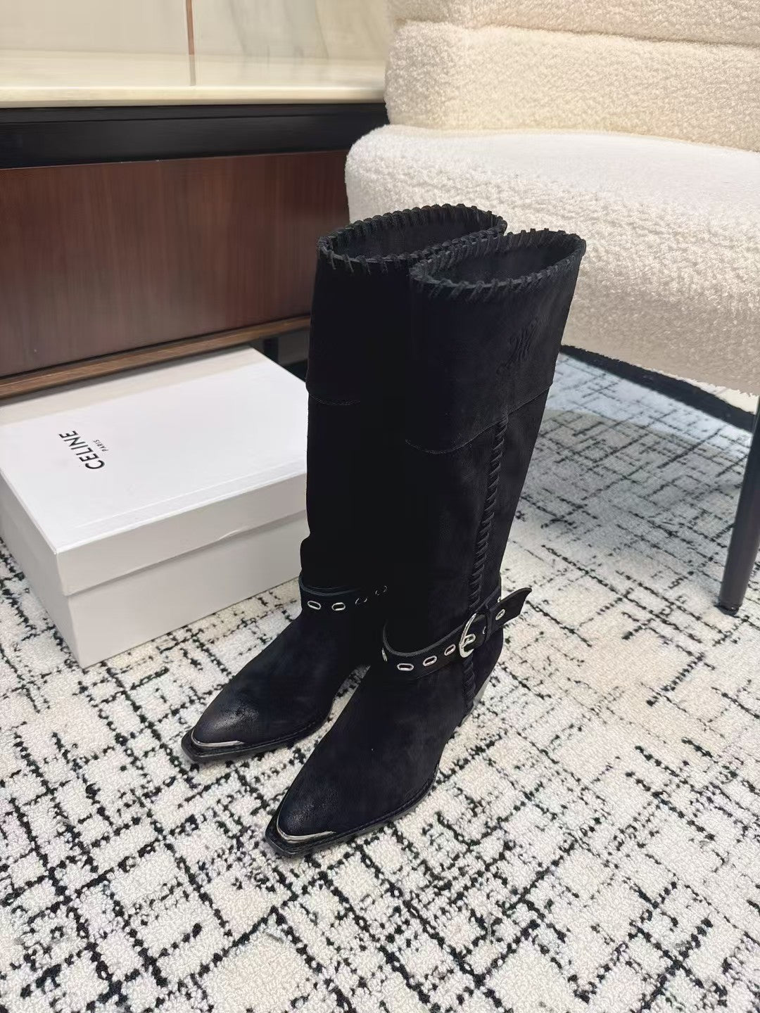 Celine 26S Western Buckle Jumping Boots 4.5cm Black Suede 118190
