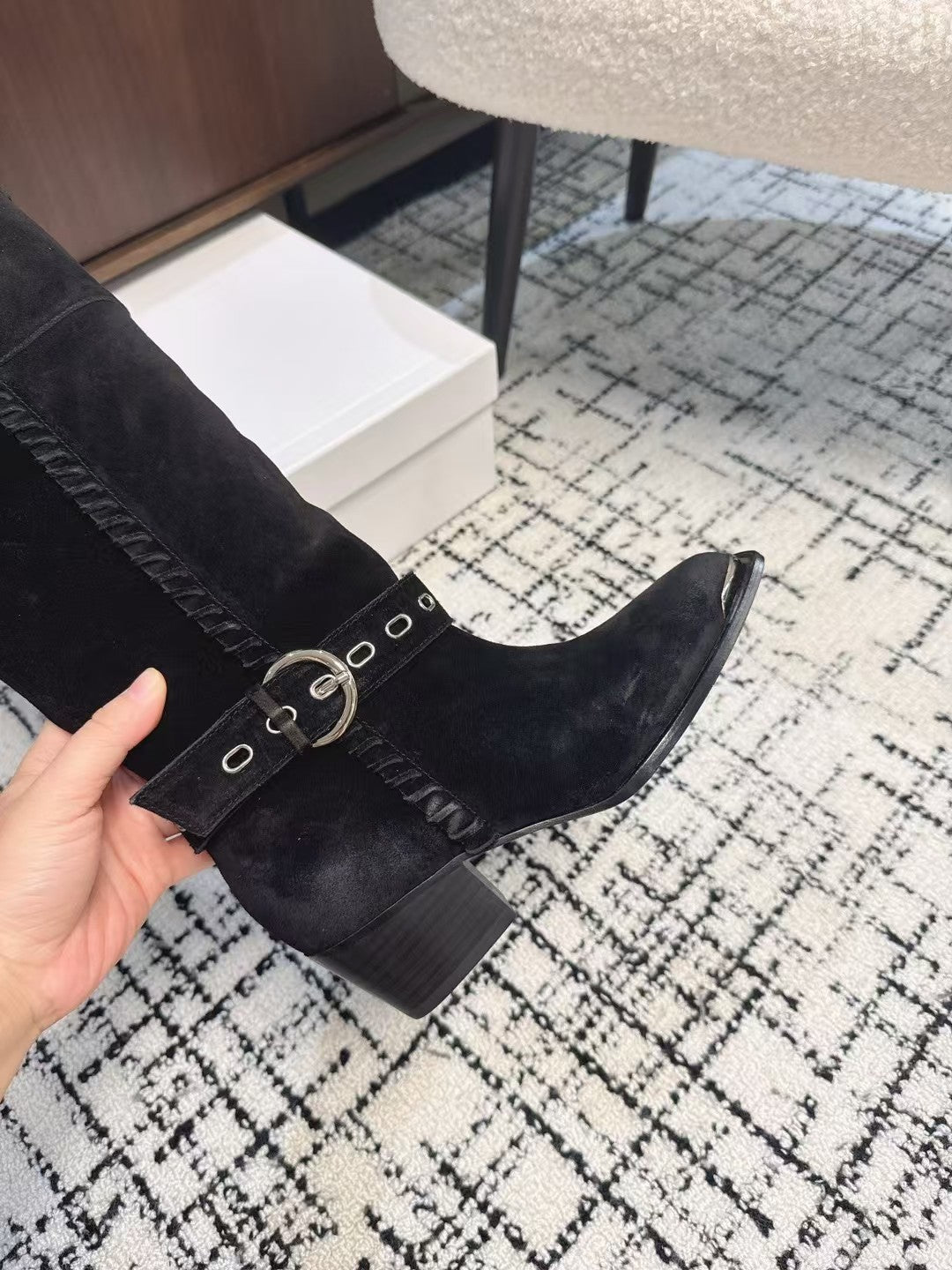 Celine 26S Western Buckle Jumping Boots 4.5cm Black Suede 118190