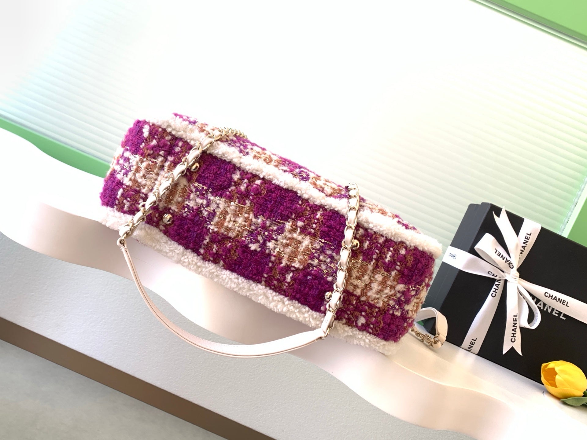 CC 2025 Bag Pink White Tweed Fabric Leather