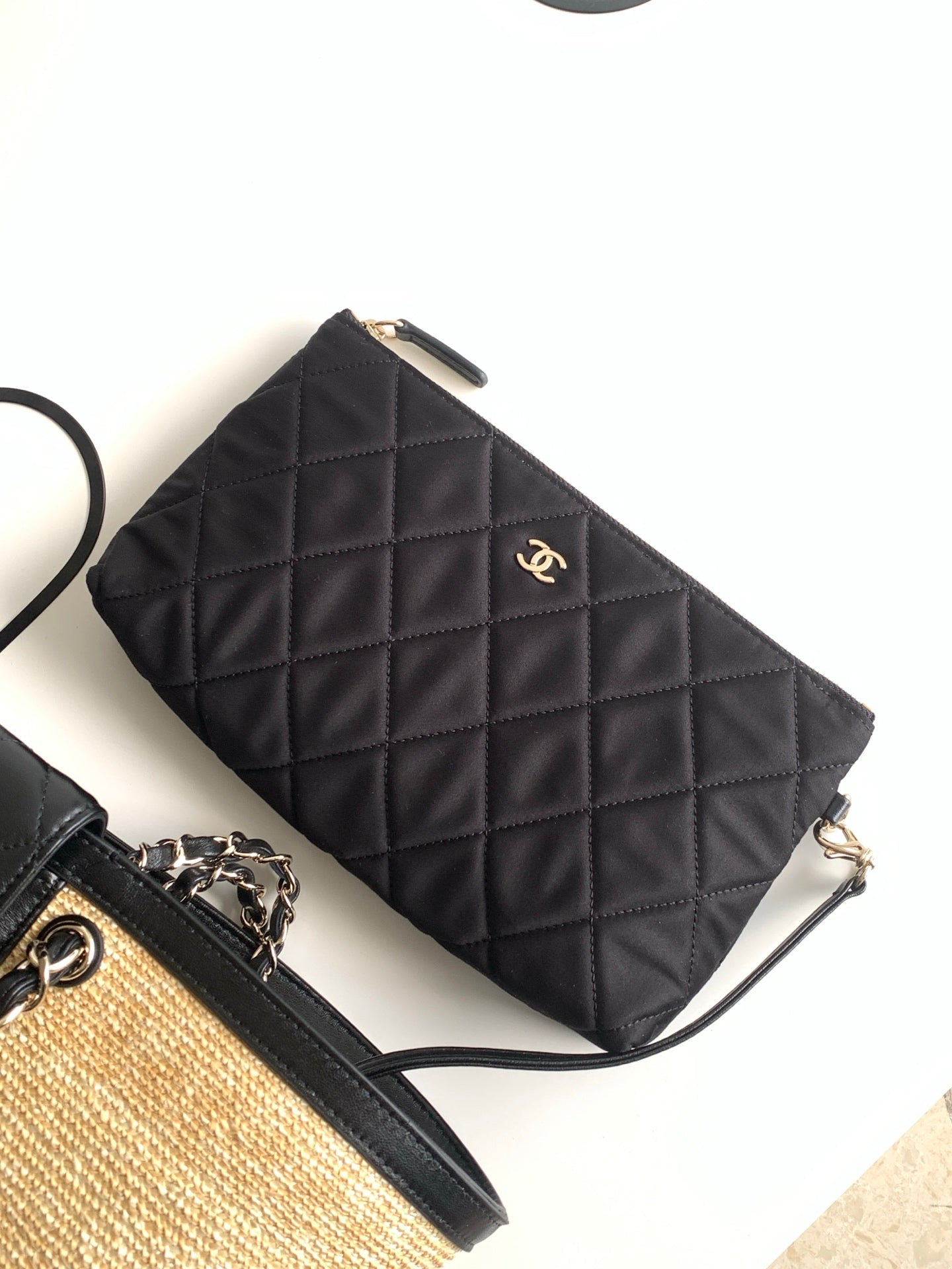 CC 2026 Large Shopping Bag Beige Black Straw Calfskin