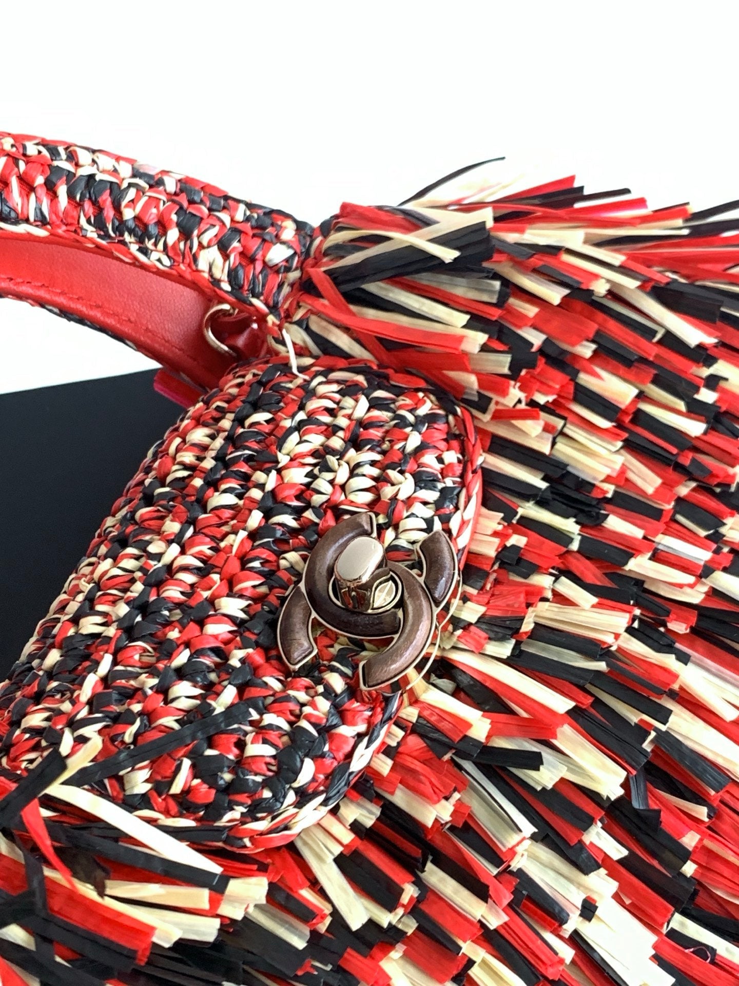 CC 2026 Mini Shopping Bag Black Red Yellow Raffia Fringe