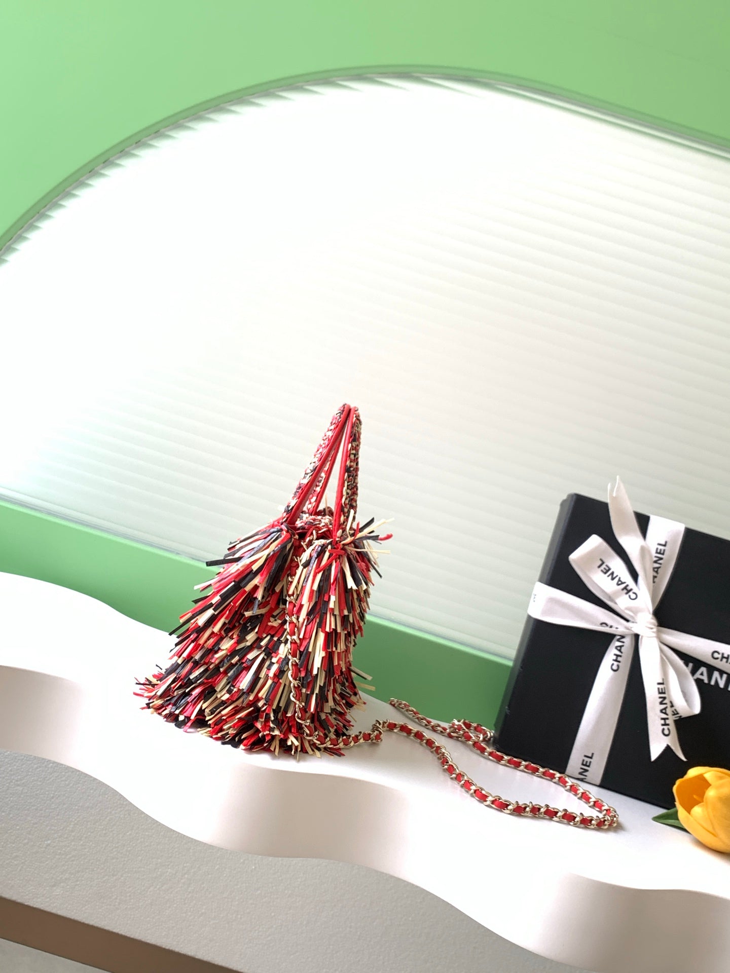 CC 2026 Mini Shopping Bag Black Red Yellow Raffia Fringe