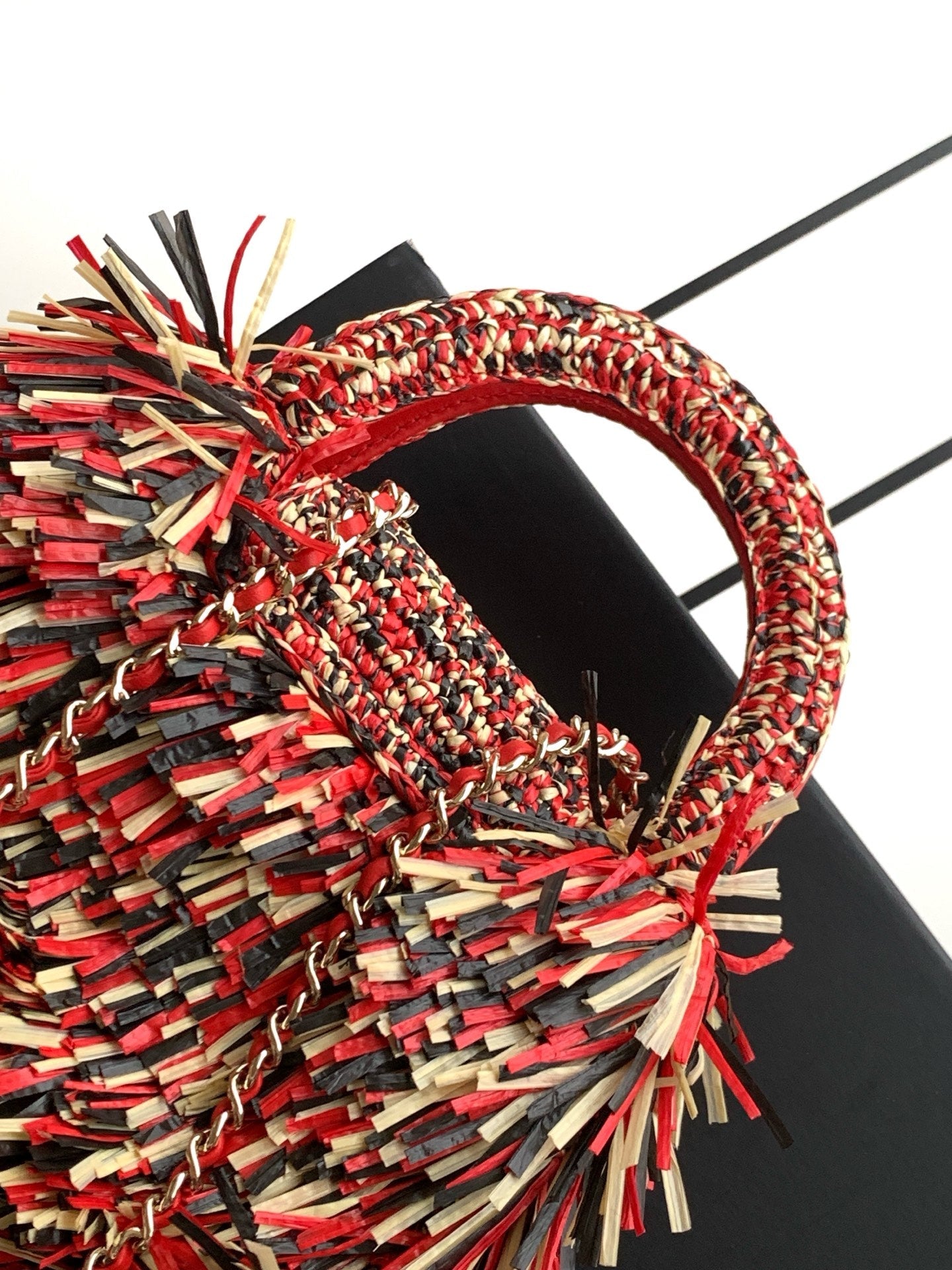 CC 2026 Mini Shopping Bag Black Red Yellow Raffia Fringe