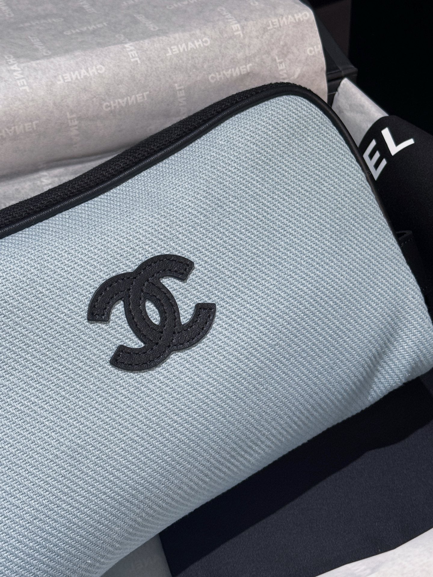 CC 26s Large Zippered Pouch Light Blue Canvas Calfskin