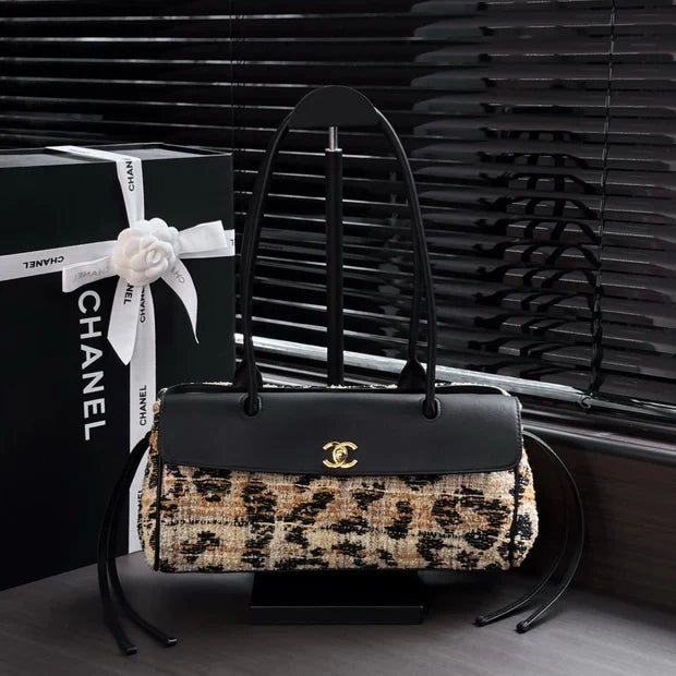 Chanel 2026 Leopard Print Baguette Bag Tweed Leather