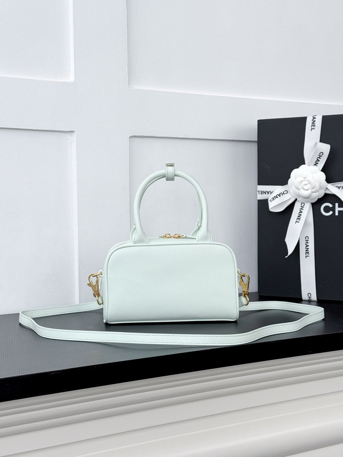 Chanel 2026 Pouch With Leather Strap 21cm Light Blue Calfskin