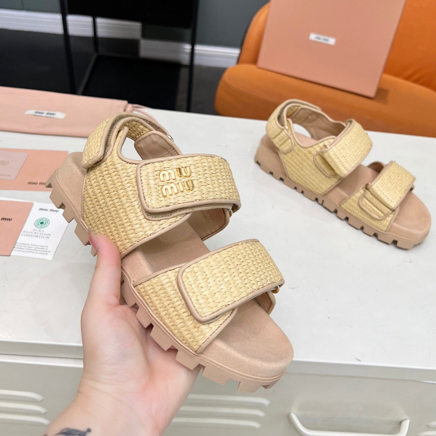 Miu Sandals Champagne Sheepskin With 2 Horizontal Straps