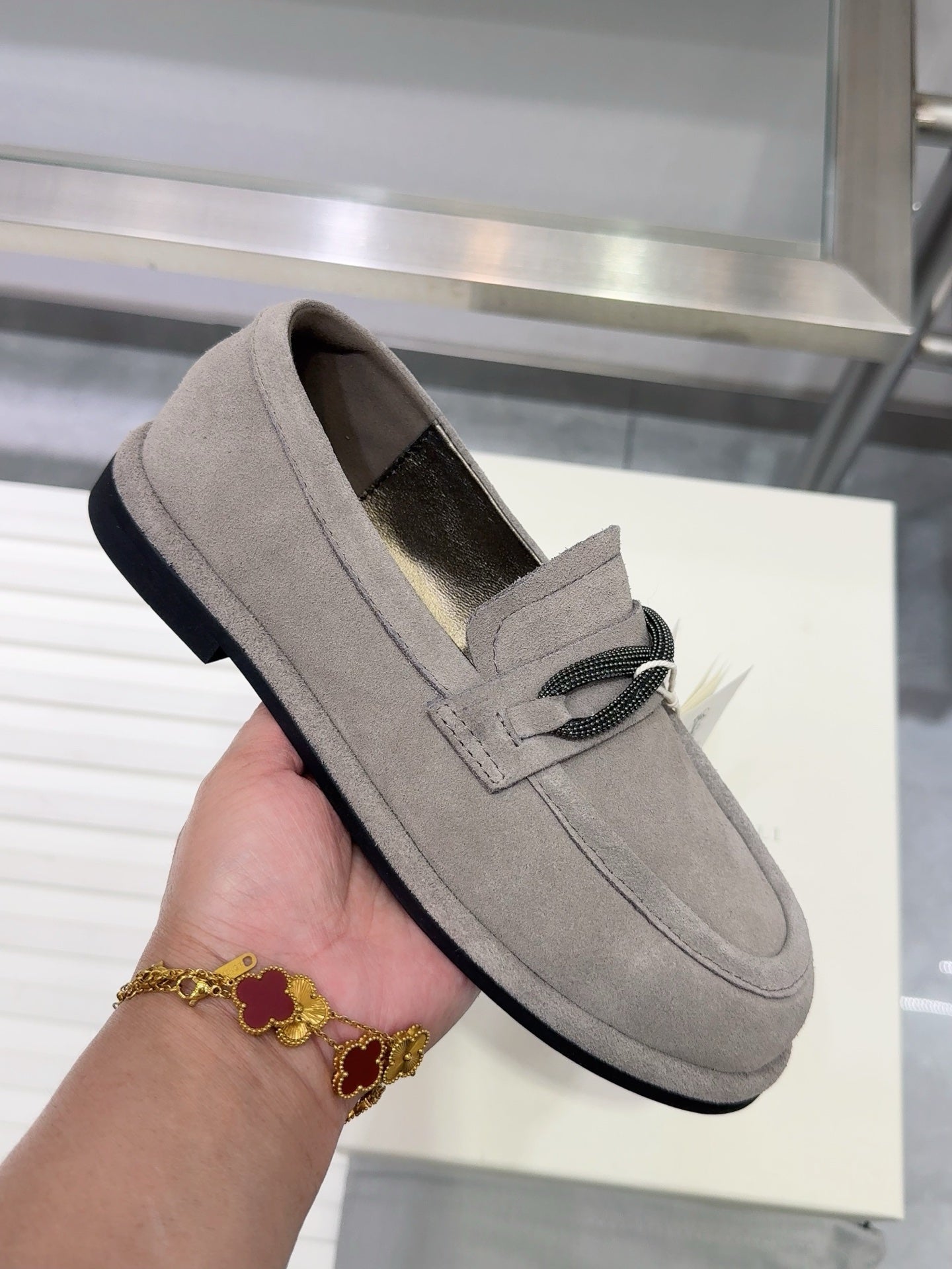 Brunello Women's Striped Shoes Grey Suede 578030