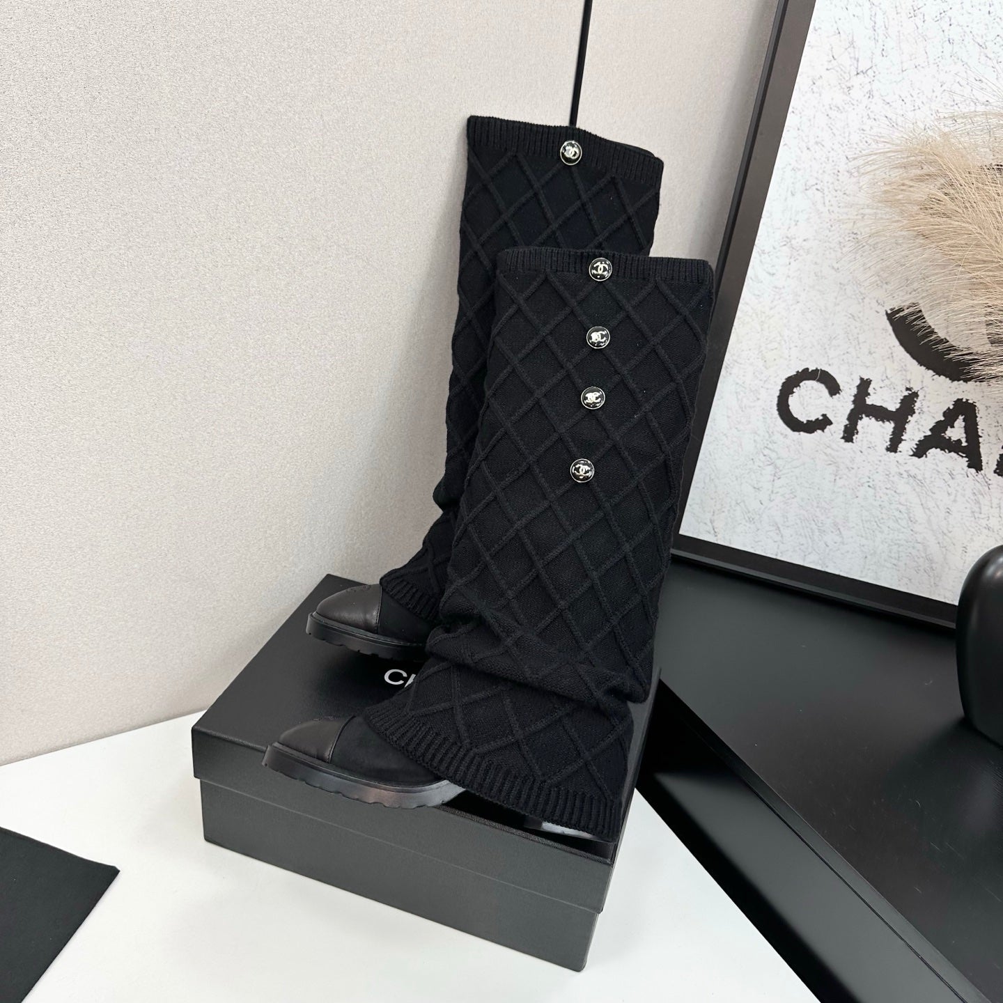 CC 26s Diamond Knit Buttoned Long Boots Black Calfskin Knit 985770