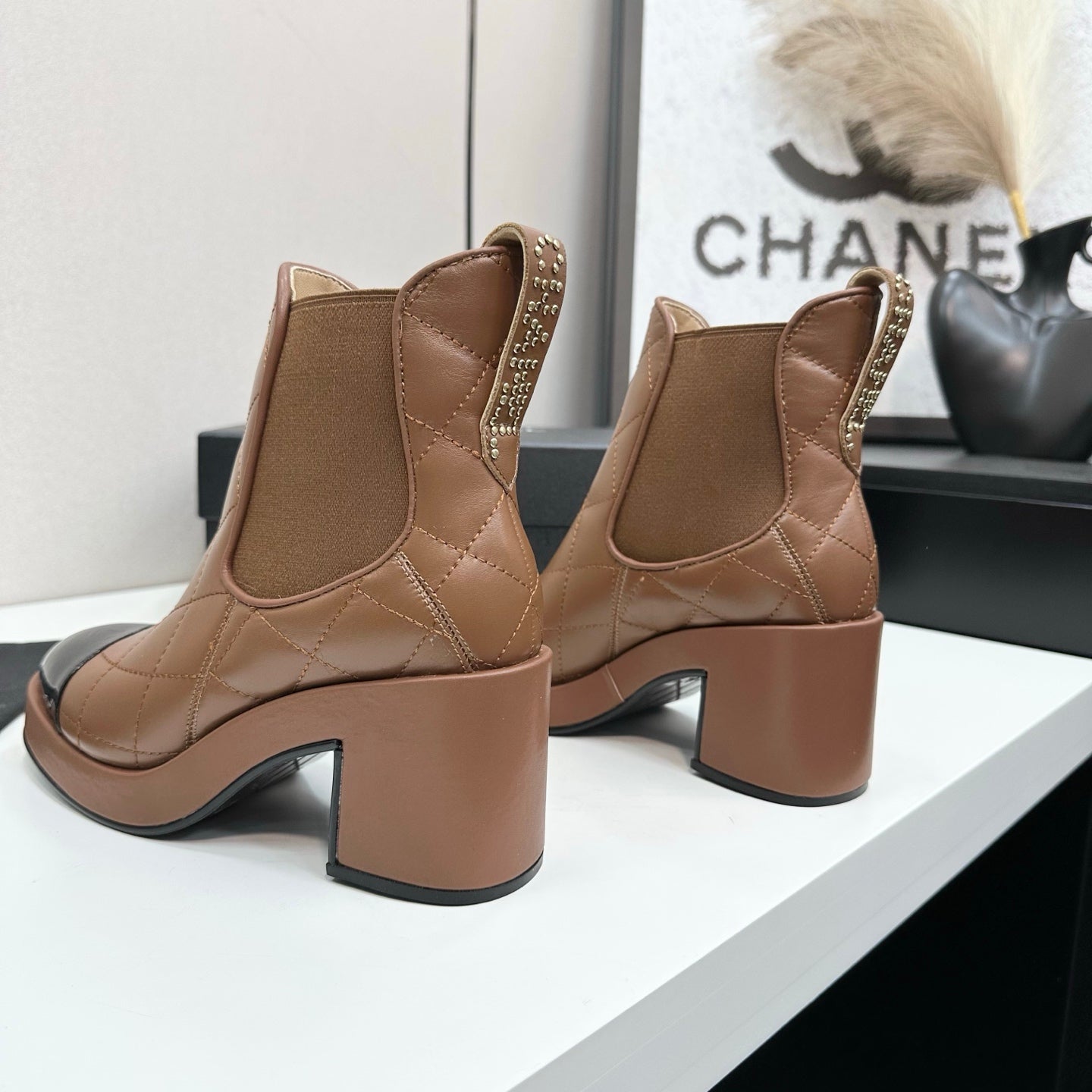 CC FW 25 Platform Ankle Boots  Brown Black Patent and Quilted Leather 532622