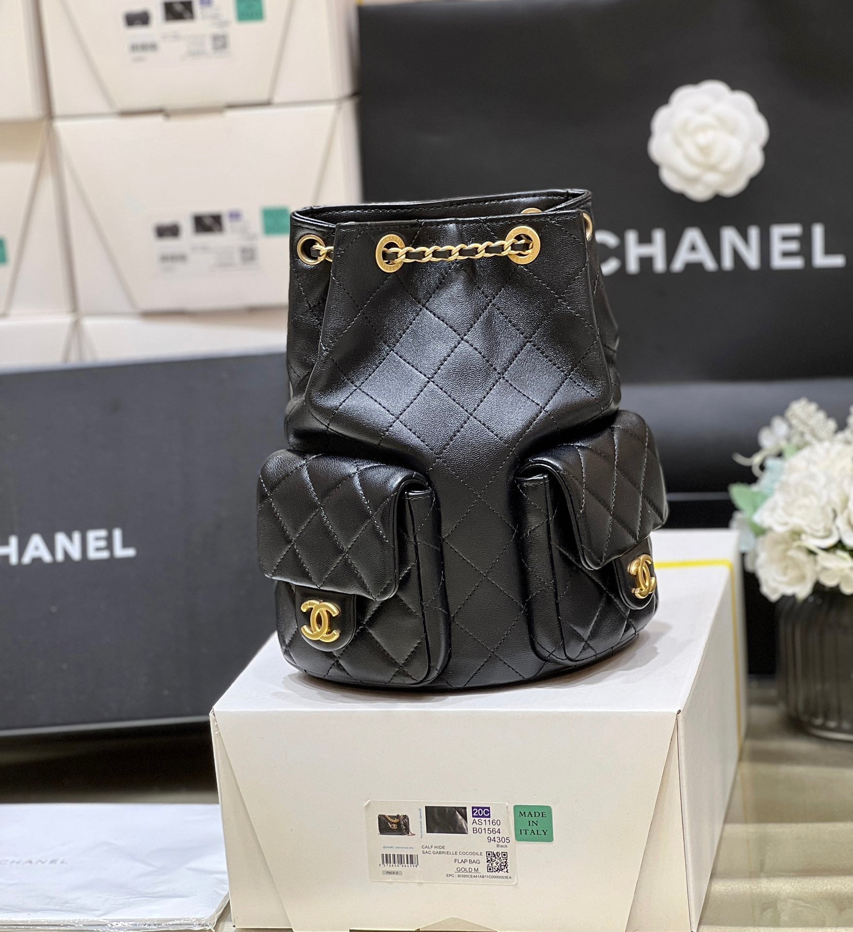 25C Backpack 18cm Black Calfsin Gold Hardware