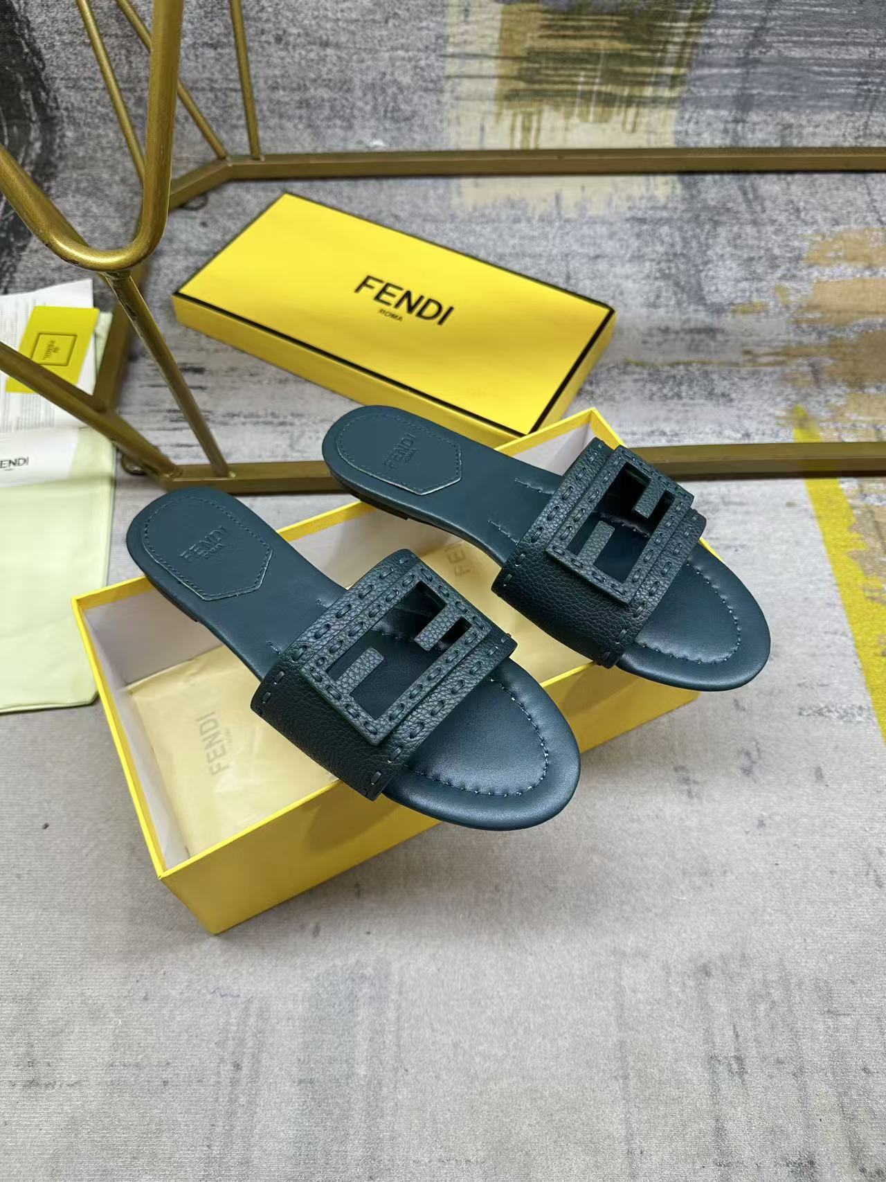 Fendi Baguette Slides Embroidered Teal Green Nappa Leather 826560