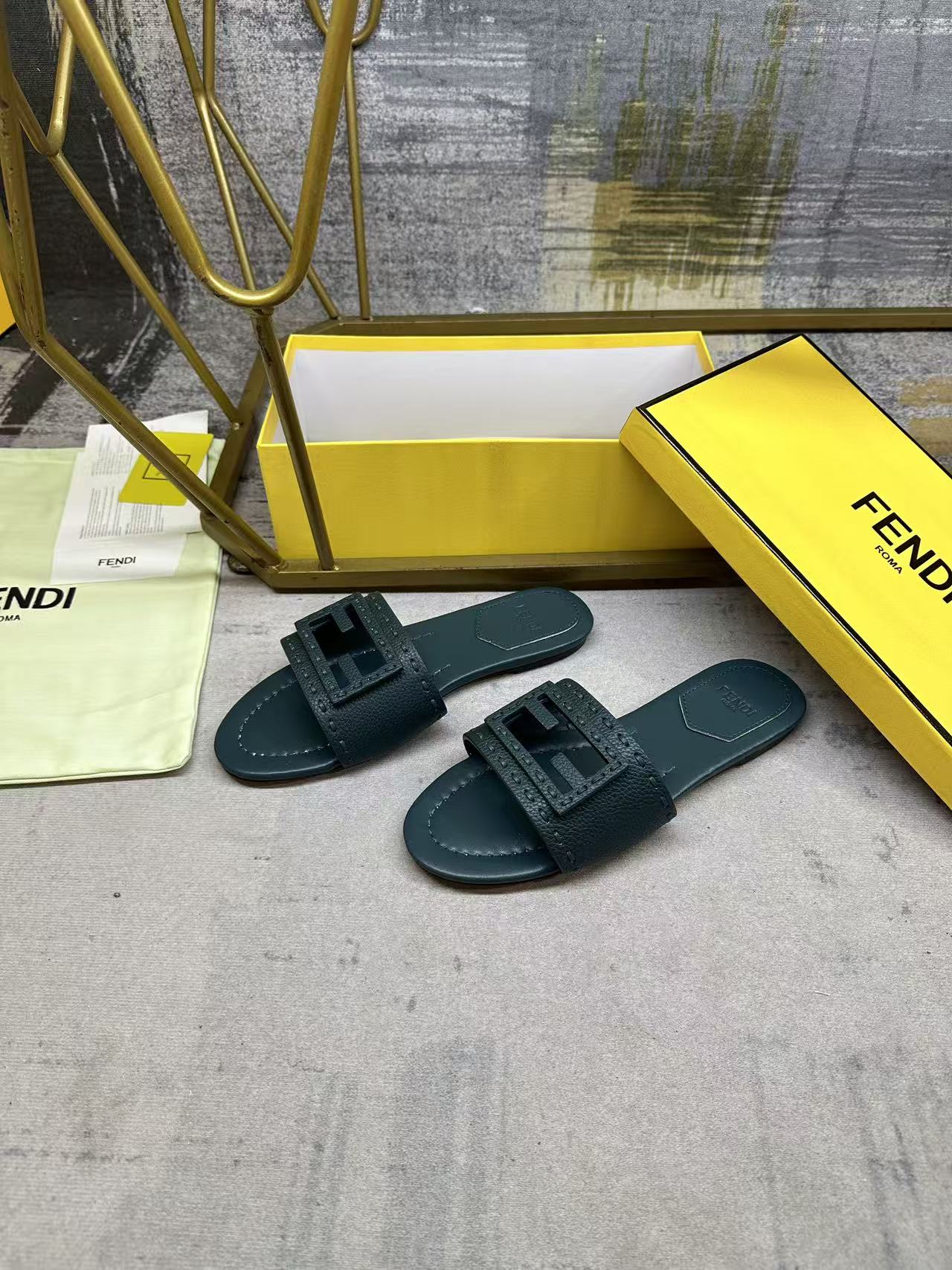 Fendi Baguette Slides Embroidered Teal Green Nappa Leather 826560