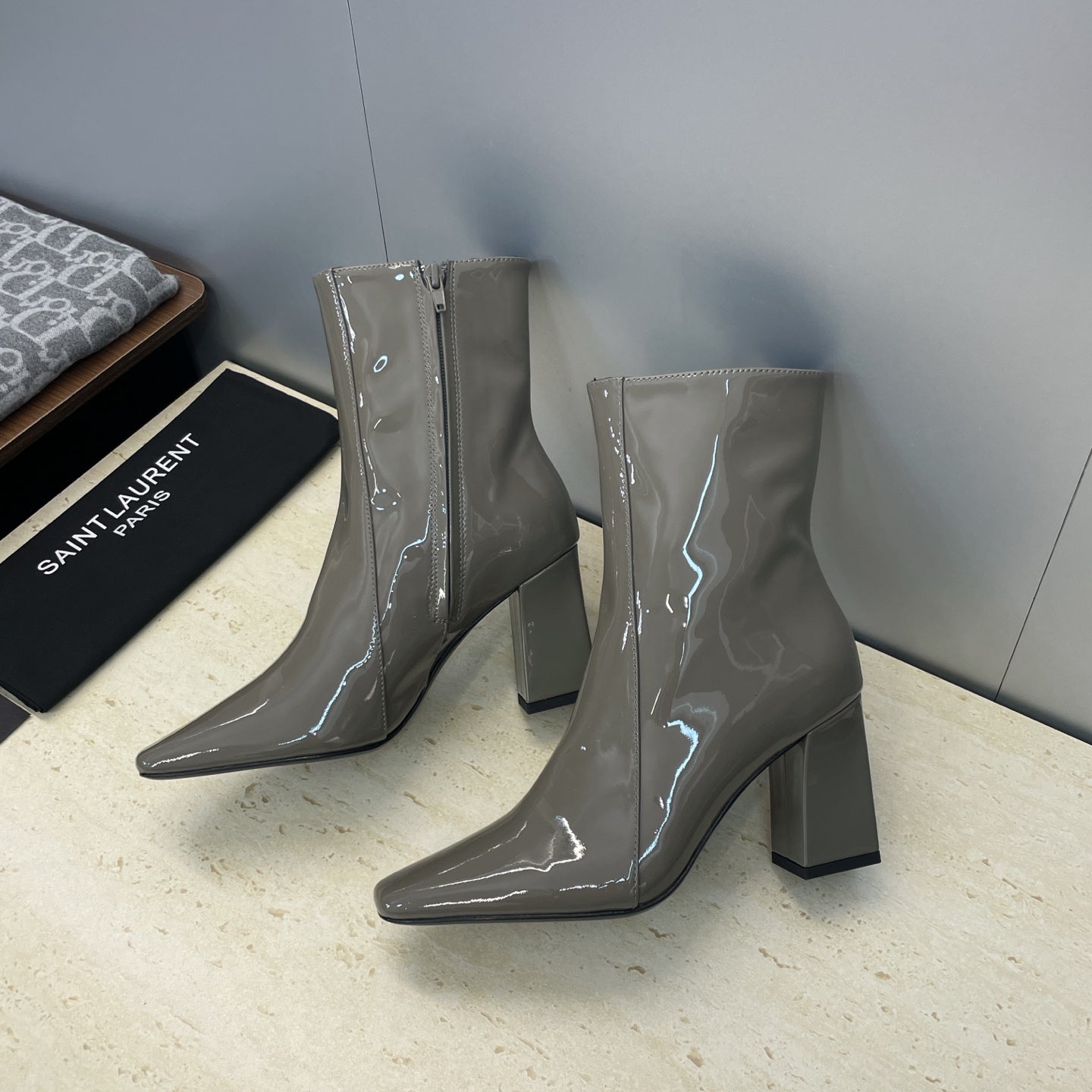 YSL Maxine Boots 75mm Taupe Patent Leather 551929