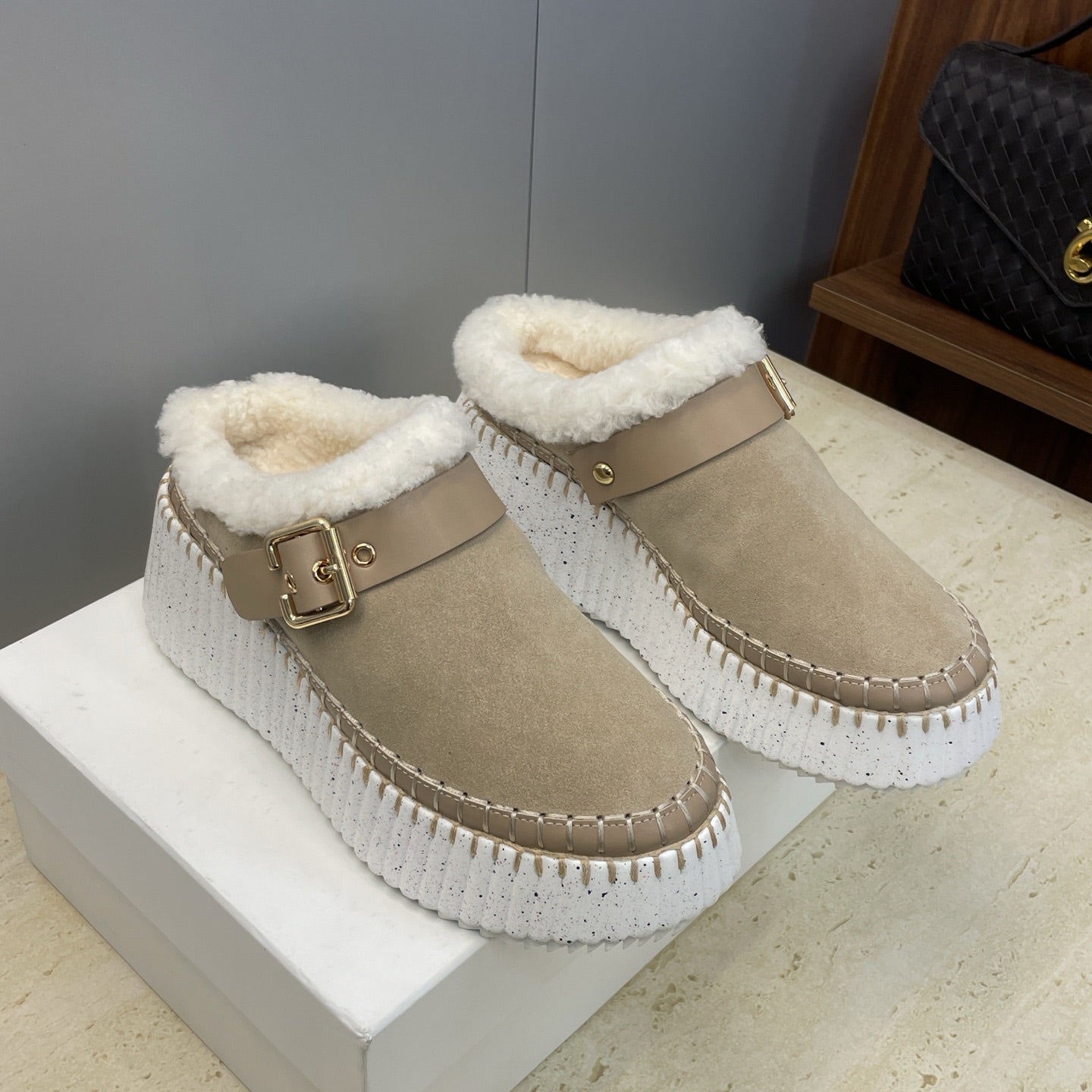 Chloé 26S Fur-Lined Wedge Mules in Dark Beige Suede