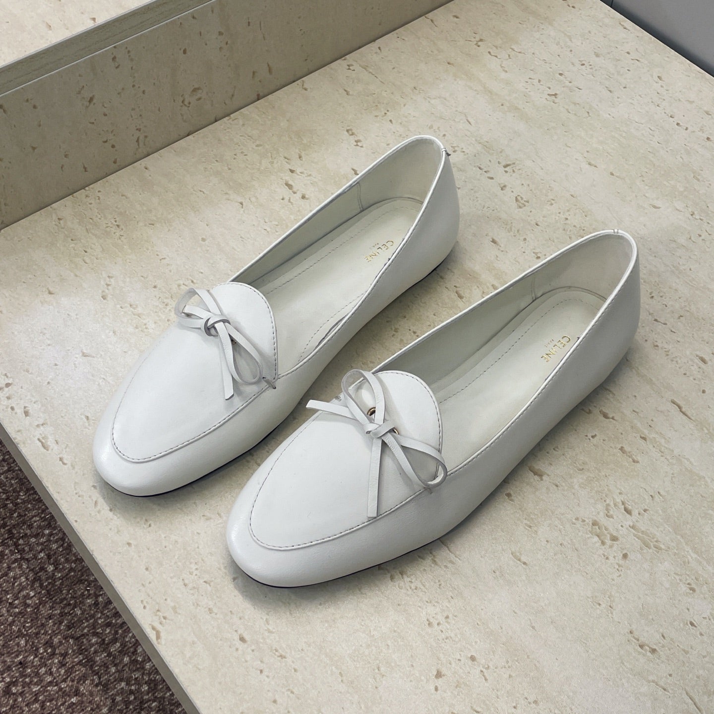 Celine 26s Ballet Flats In White Lambskin With Bow