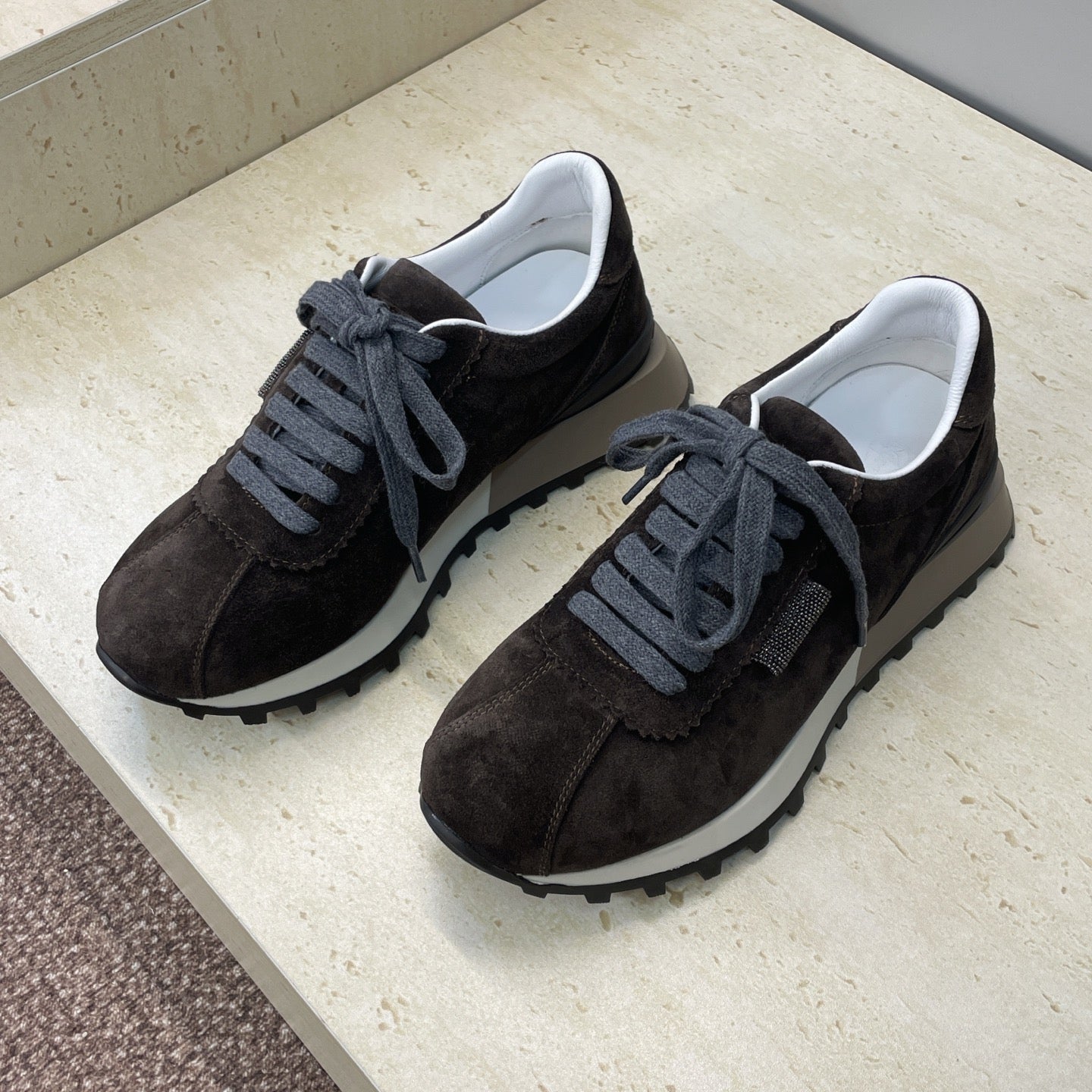 Brunello Shiny Tab Sneakers Dark Brown Suede 607017