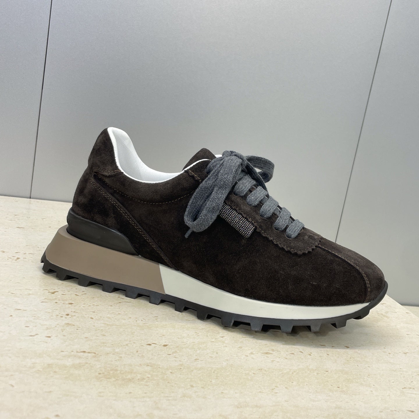 Brunello Shiny Tab Sneakers Dark Brown Suede 607017