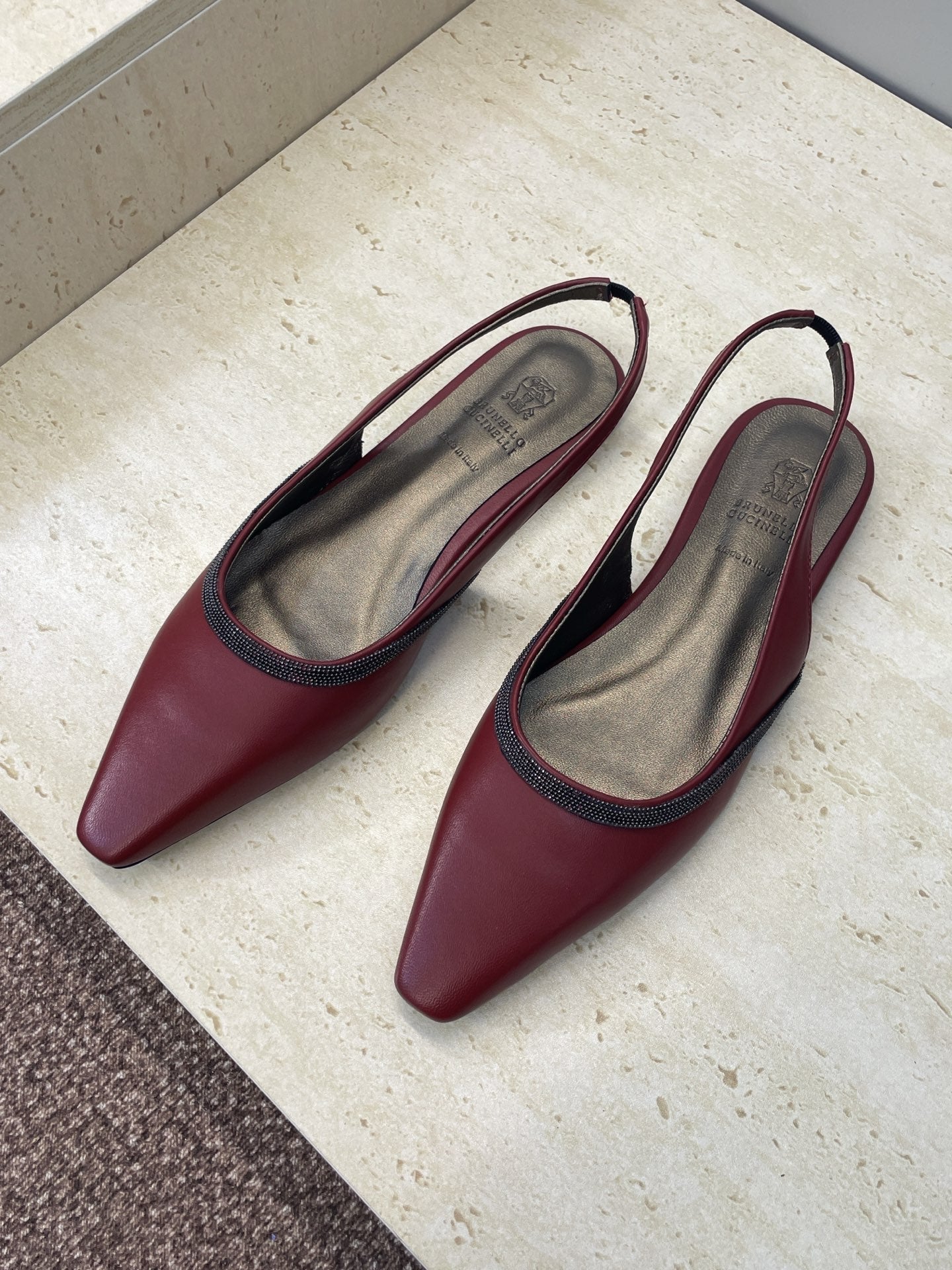Brunello Twill Slingback Flats Burgundy Calfskin 607024