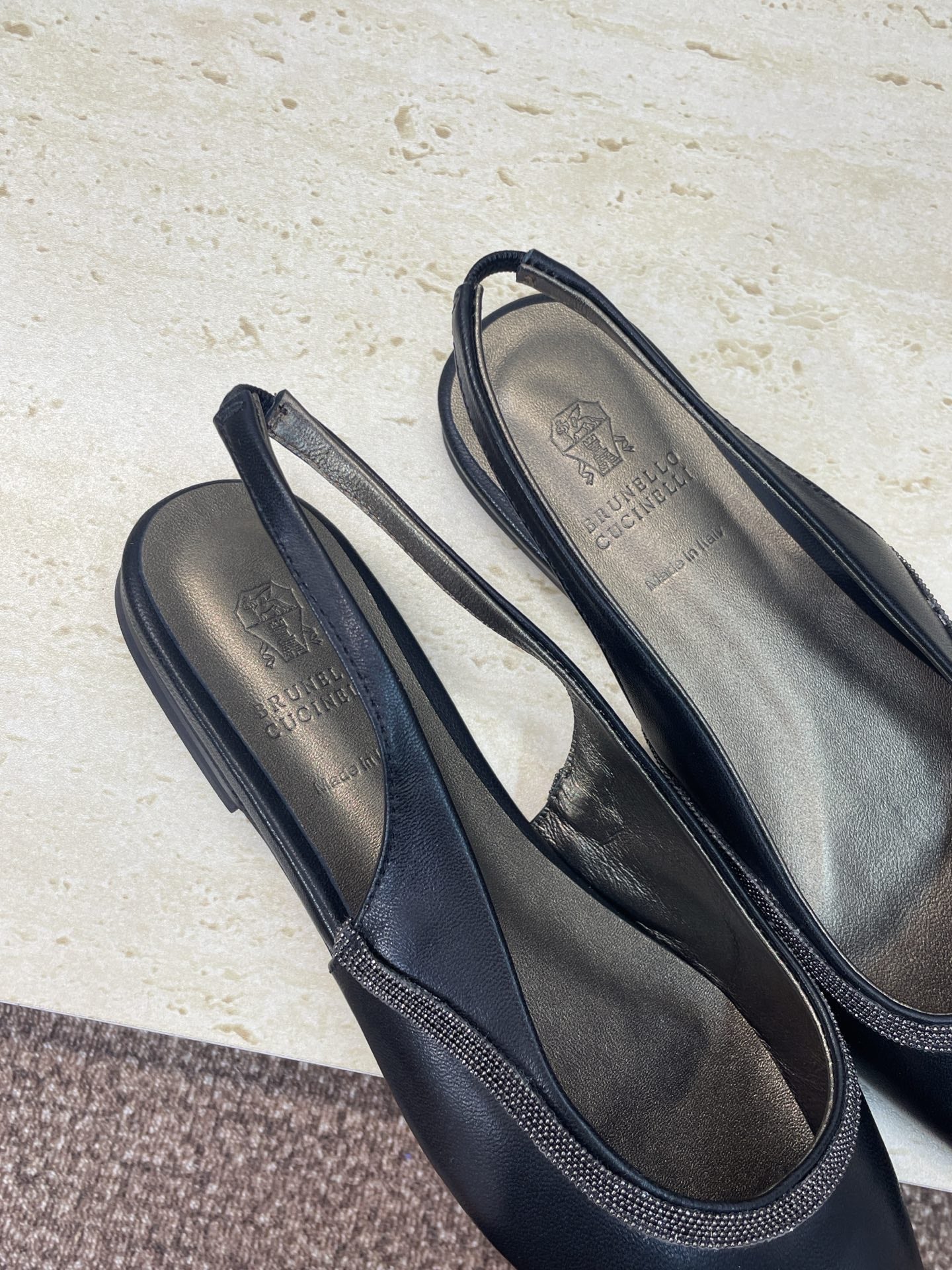Brunello Twill Slingback Flats Black Calfskin 607026