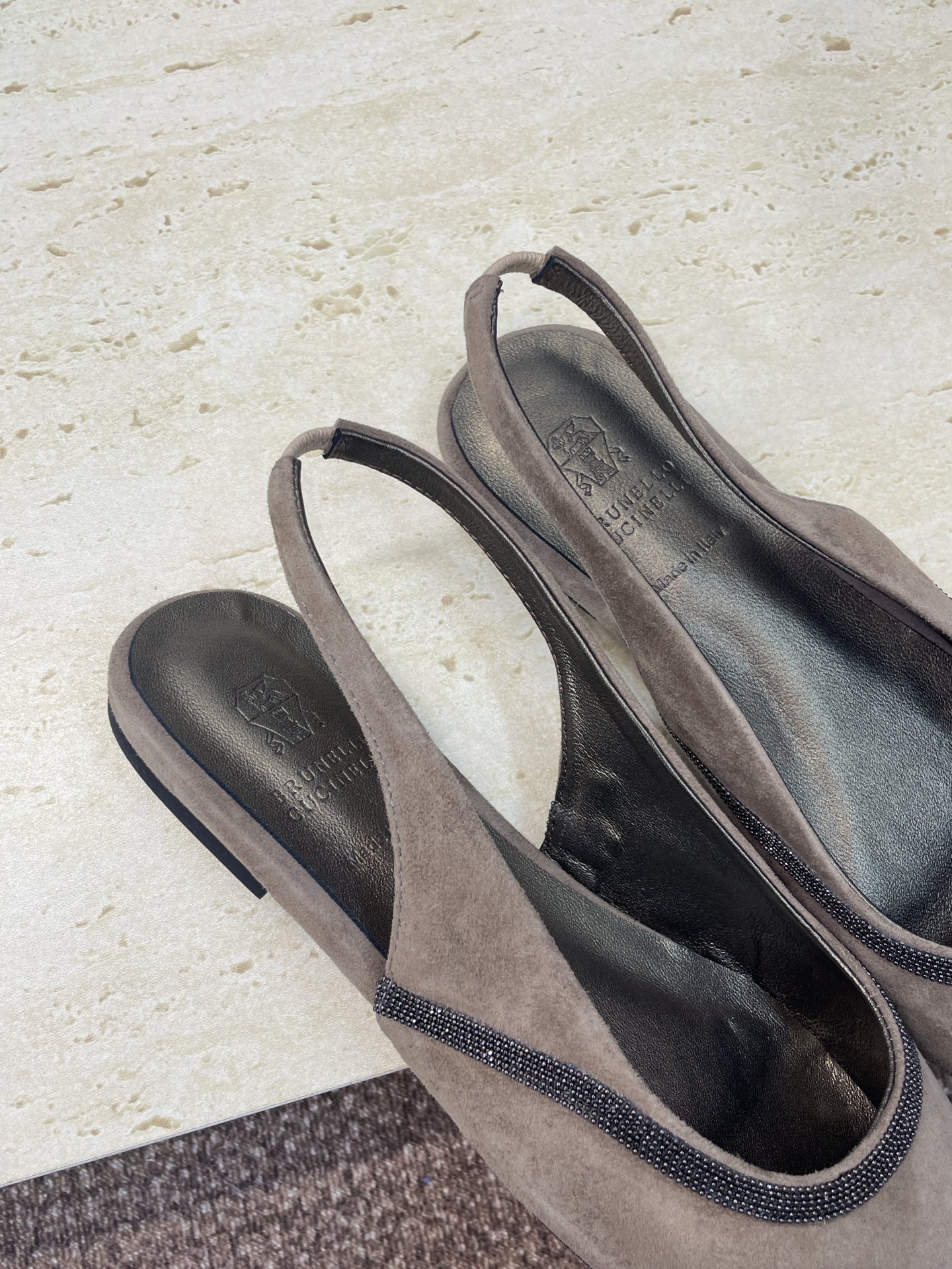 Brunello Twill Slingback Flats Taupe Fabric 607027