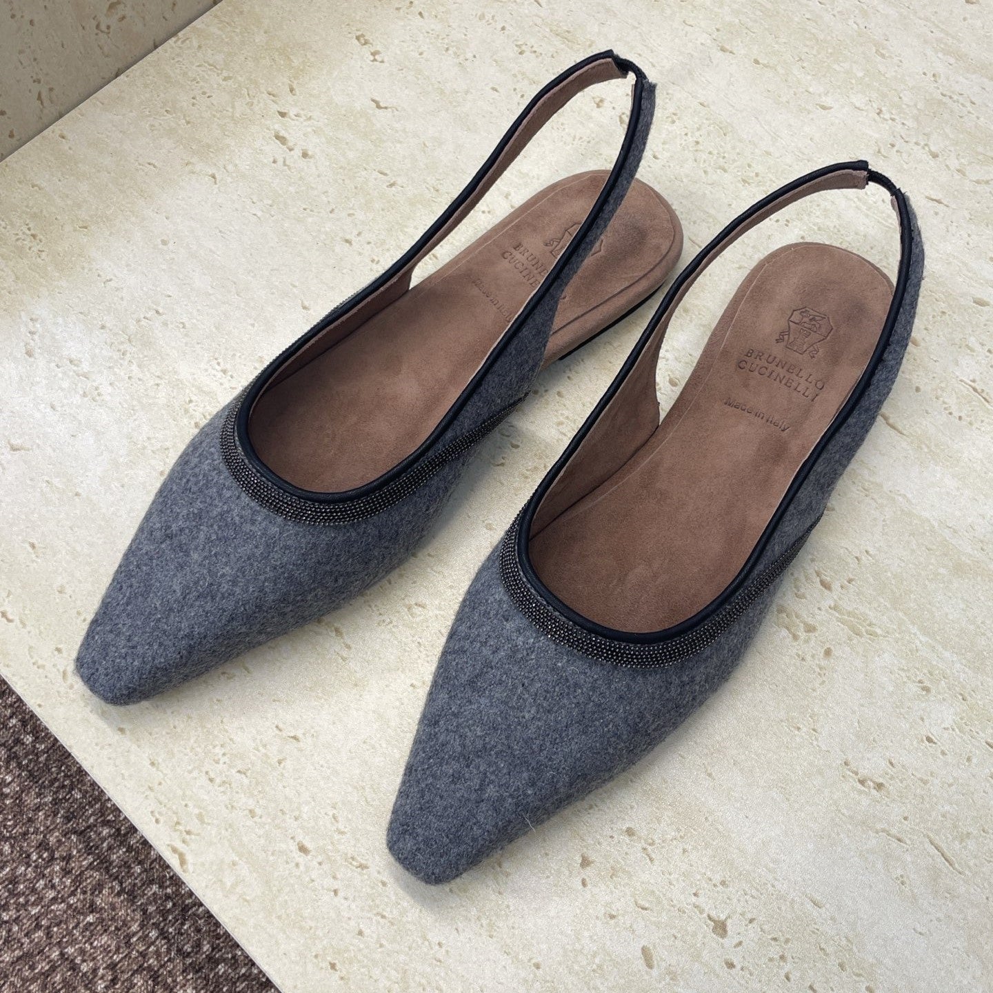 Brunello Twill Slingback Flats Grey Fabric 607028