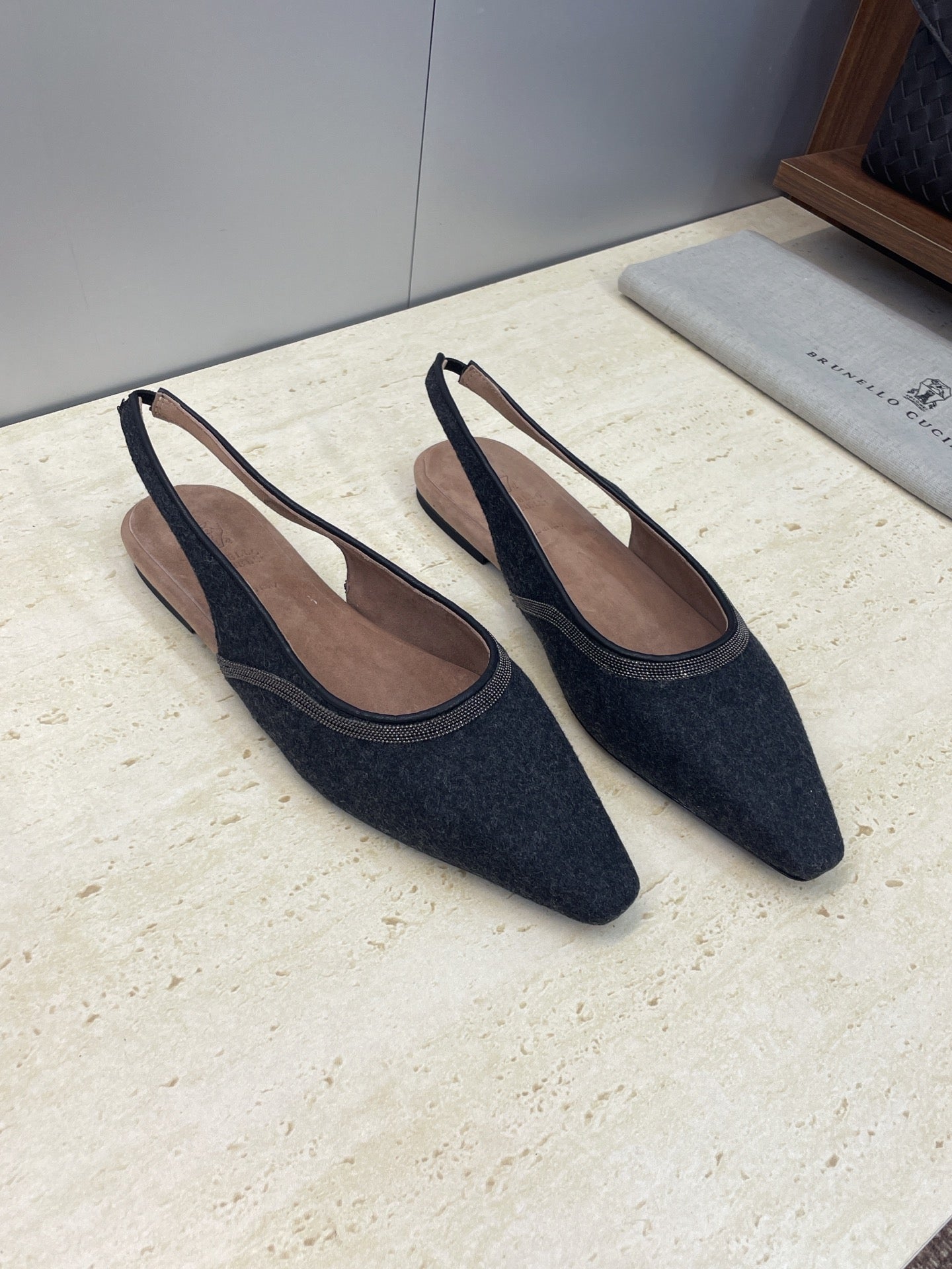 Brunello Twill Slingback Flats Black Fabric 607030