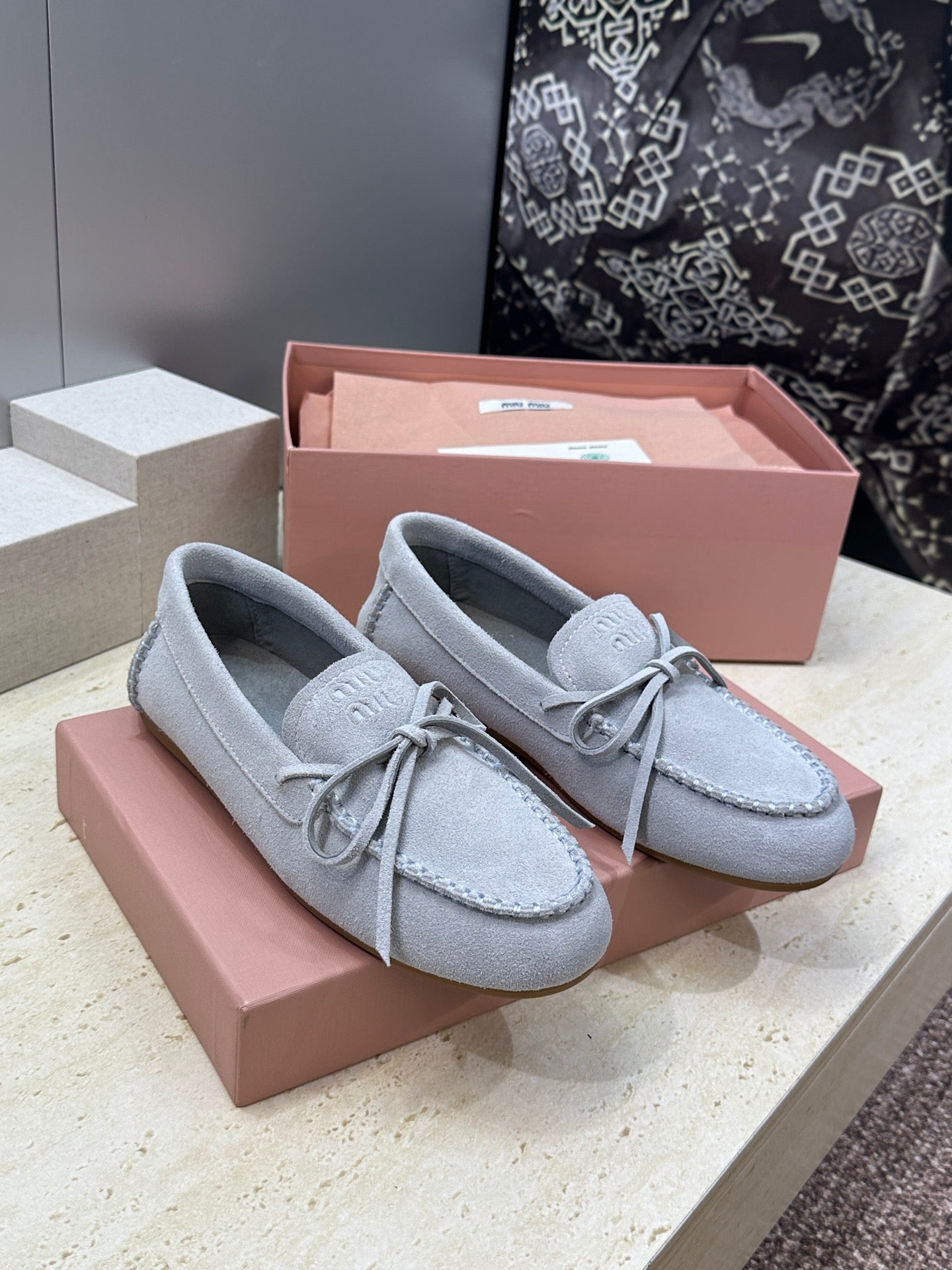 Miumiu 26s Loafers In Light Blue Suede With Bow