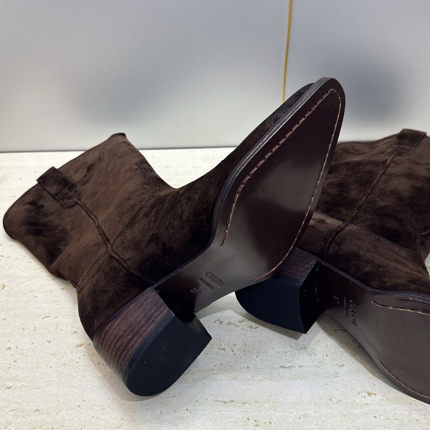 Celine 26s Mid-Calf Boots 4.5cm Brown Suede 959455