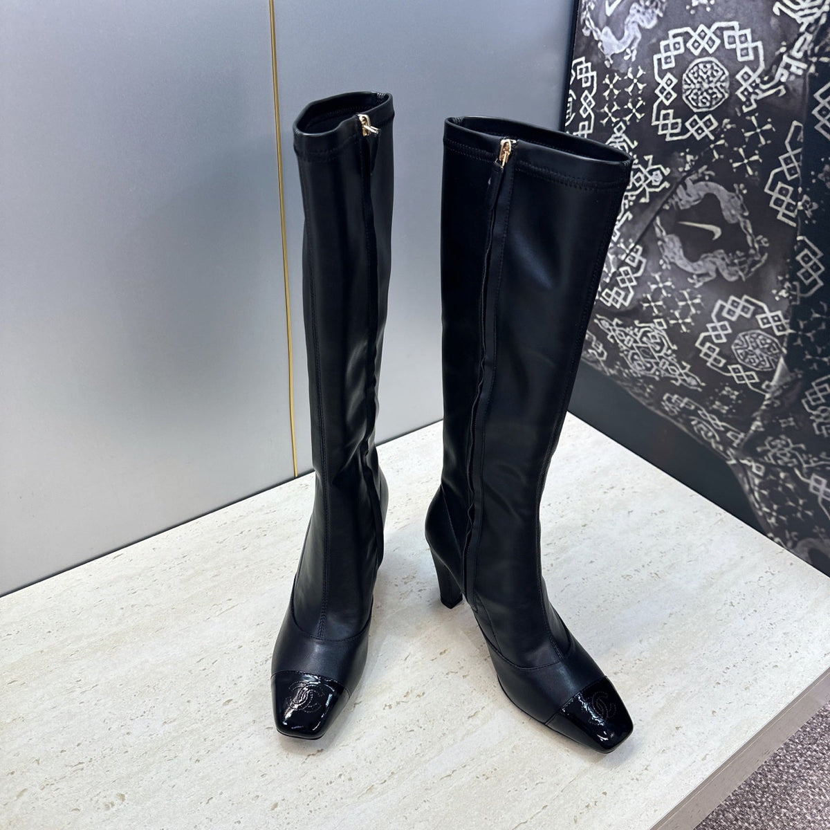 CC 26S Knee High Boots 9cm Black Lambskin Patent 118736