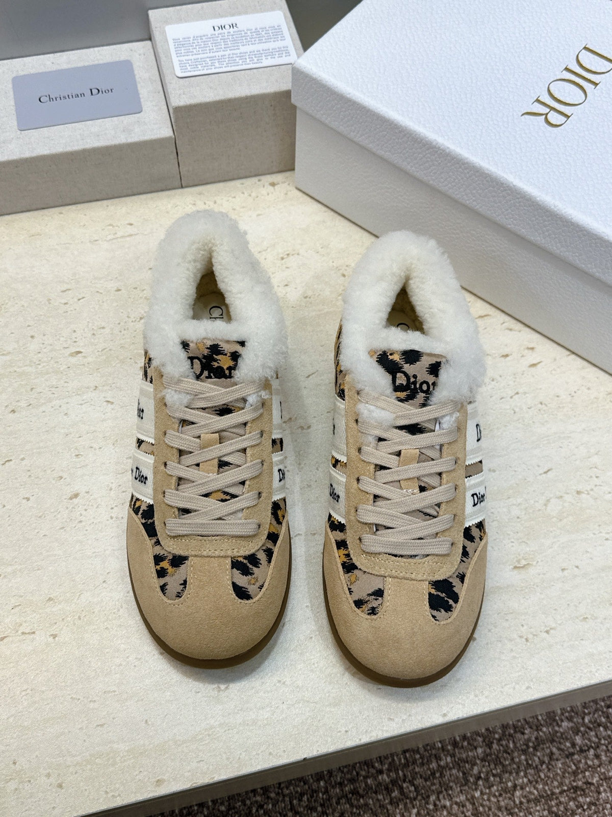 CD 26s Chrono Sneakers Leopard Beige Suede Shearling 118423