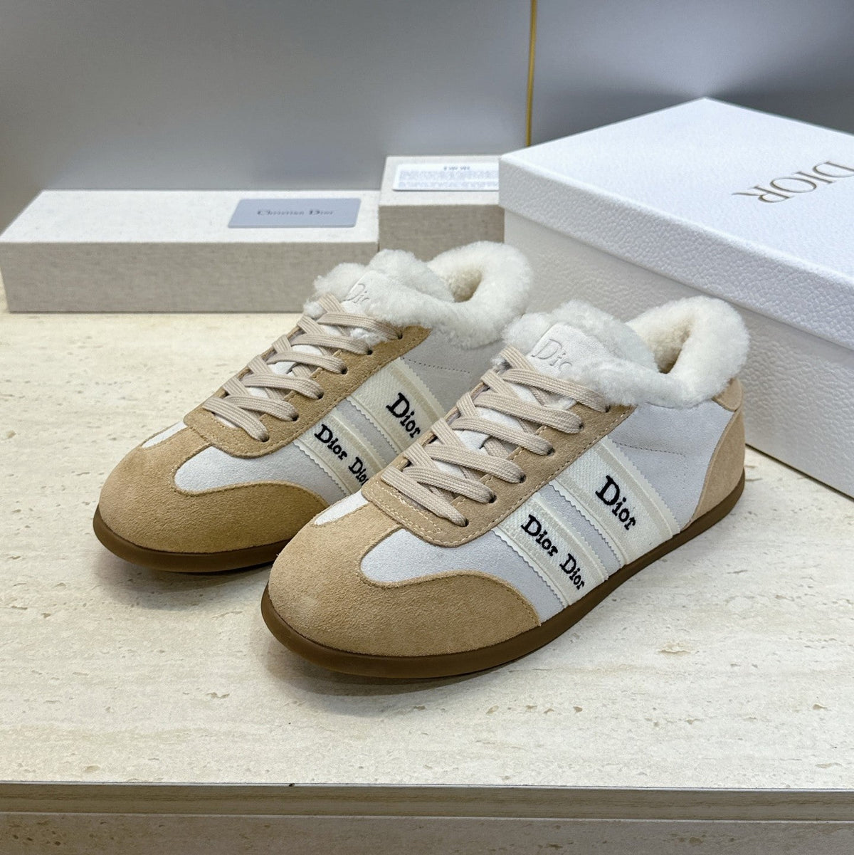 CD 26s Chrono Sneakers Beige White Canvas Suede Shearling 118425