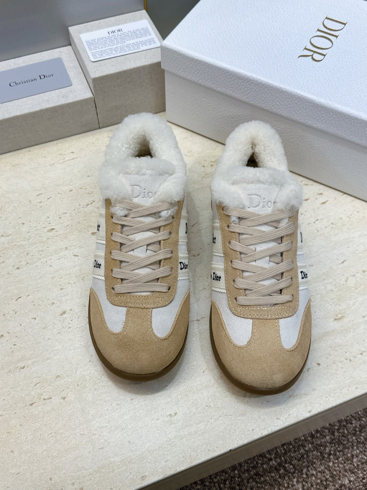 CD 26s Chrono Sneakers Beige White Canvas Suede Shearling 118425