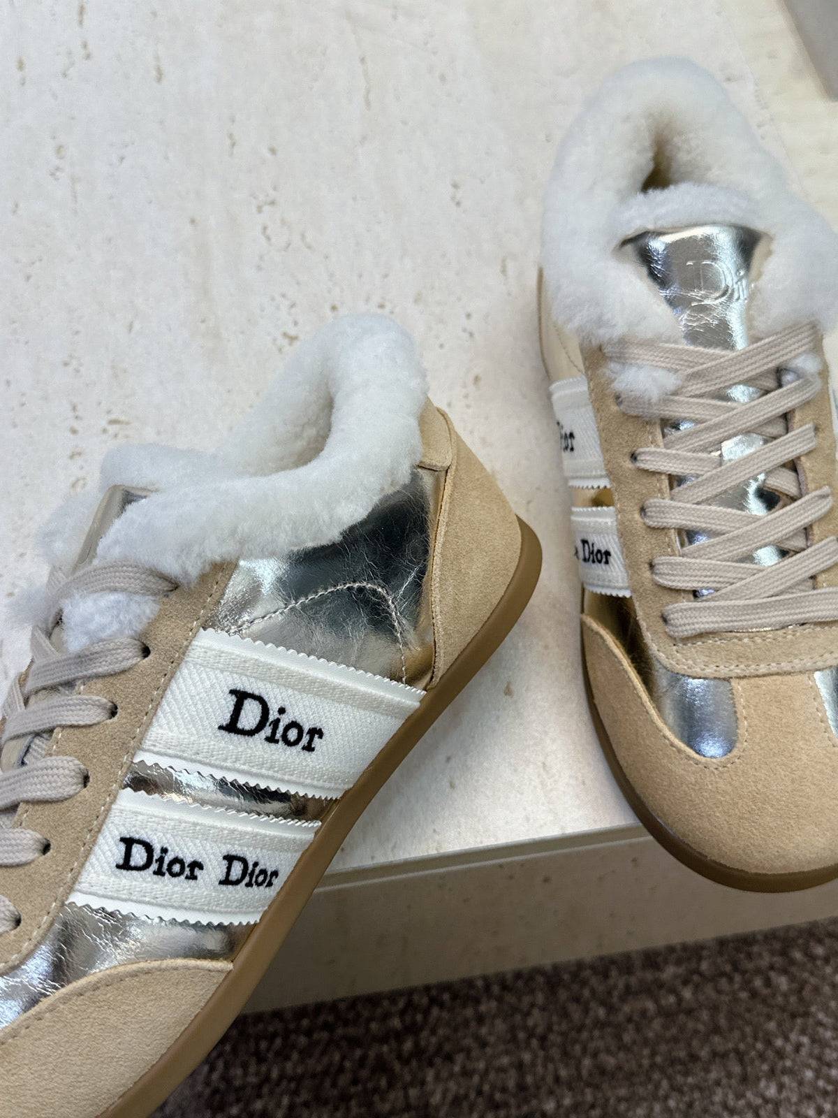 CD 26s Chrono Sneakers Gold Beige Metallic Suede Shearling 118427