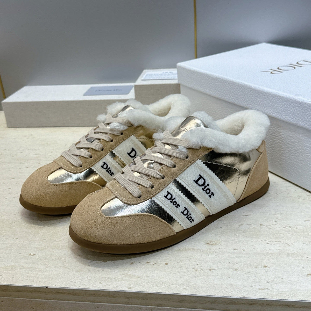 CD 26s Chrono Sneakers Gold Beige Metallic Suede Shearling 118427