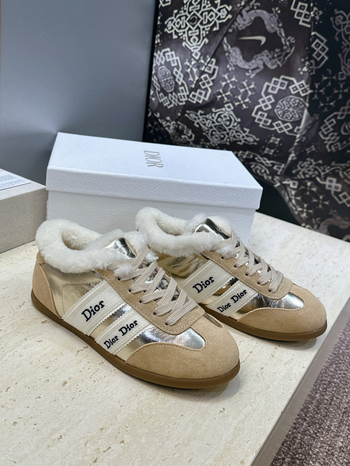 CD 26s Chrono Sneakers Gold Beige Metallic Suede Shearling 118427