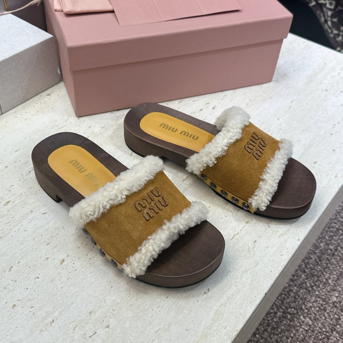 Miu Miu Clog Sandals Yellow Suede Fur 118378