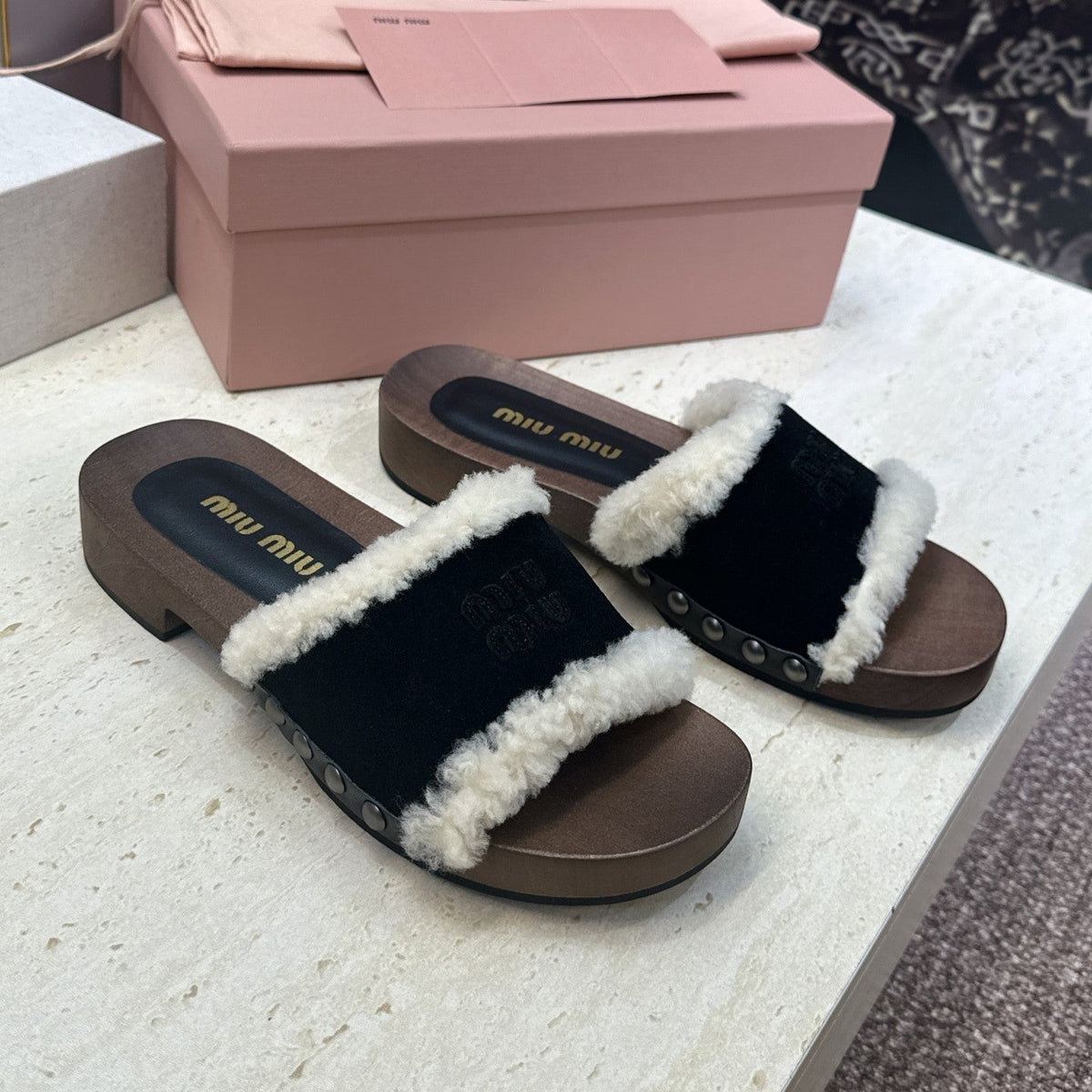 Miu Miu Clog Sandals Black Suede Fur 118380