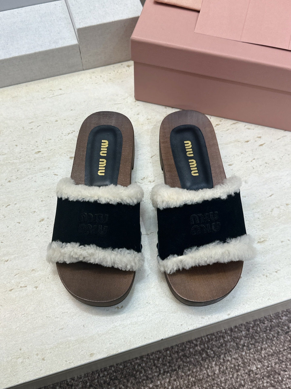 Miu Miu Clog Sandals Black Suede Fur 118380