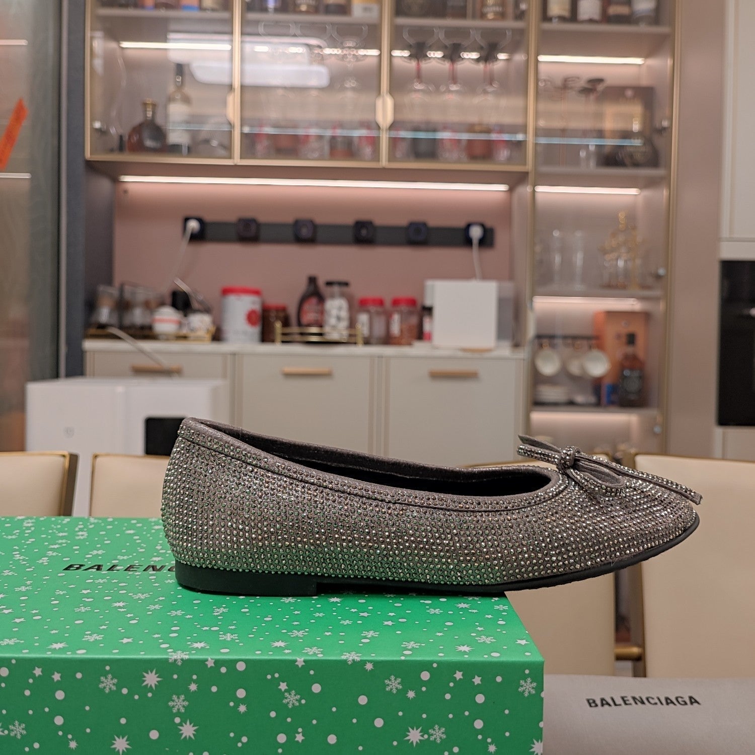 Balen 25 bow ballet flat attached rhinestones in grey calfskin 184484