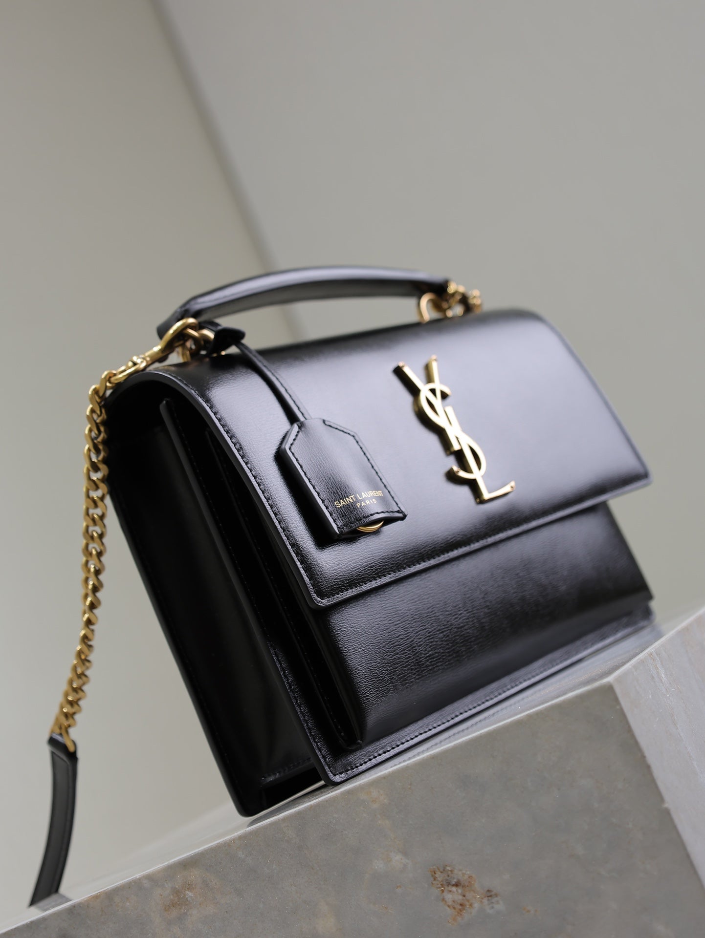 YSL Sunset Handbags 25cm Black Cowhide