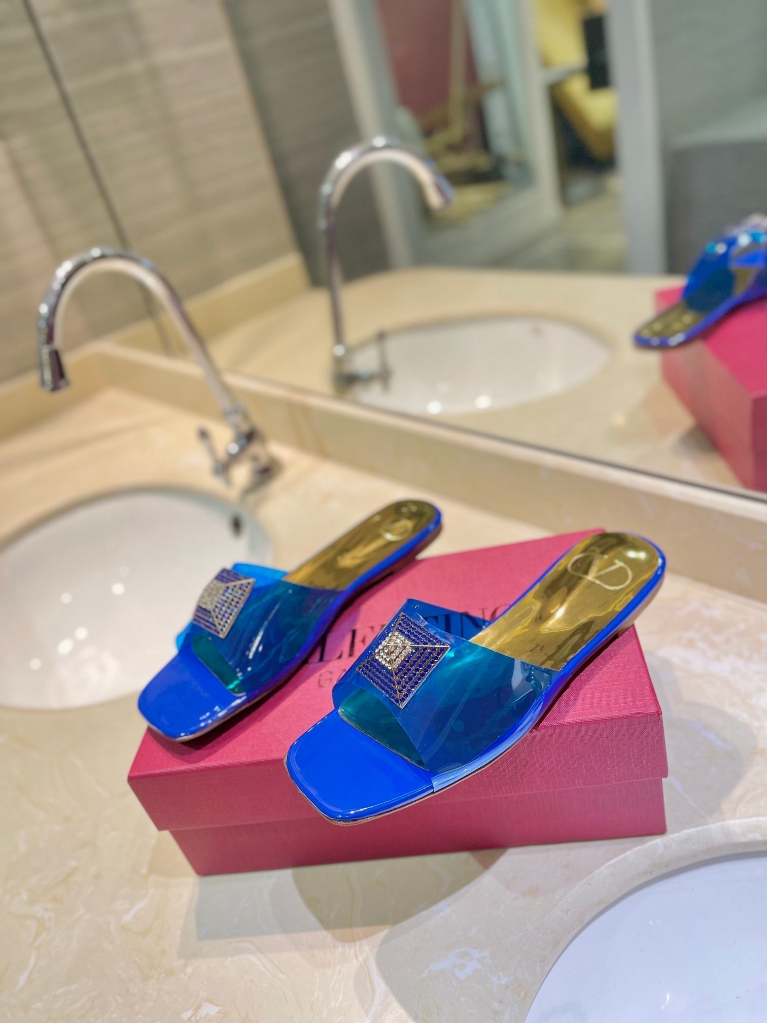Valentino 26s Flat Slides Blue Mix Gold Lambskin With Crystal
