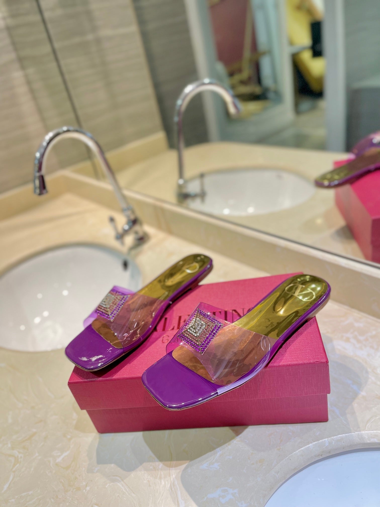 Valentino 26s Flat Slides Purple Mix Gold Lambskin With Crystal