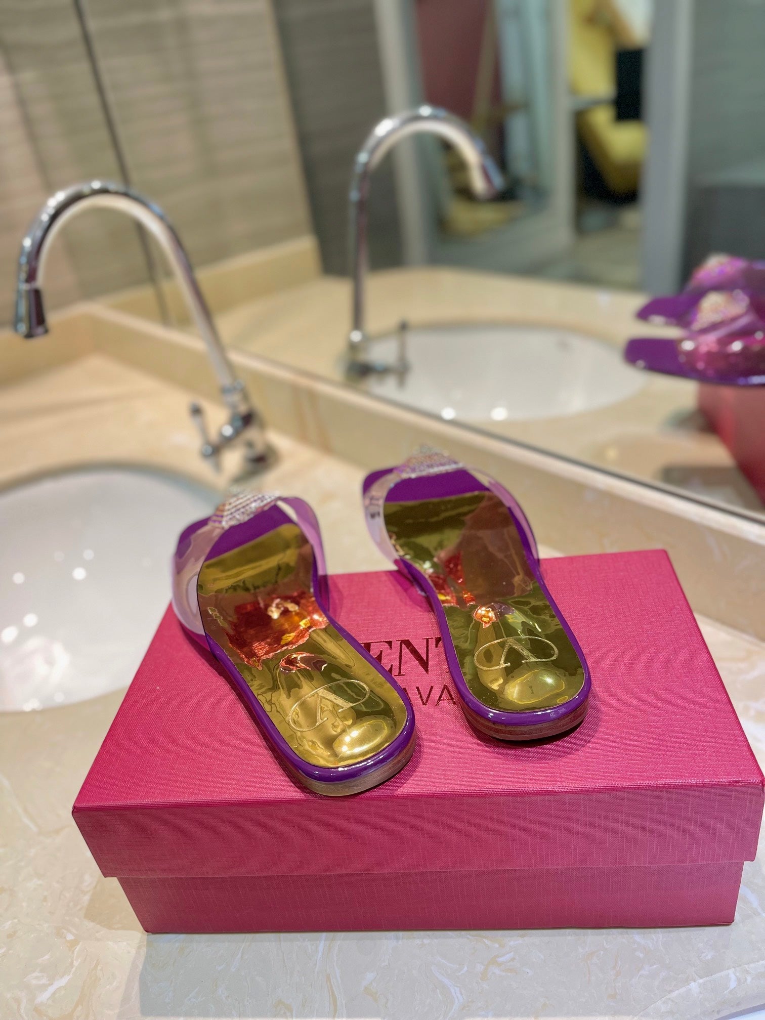 Valentino 26s Flat Slides Purple Mix Gold Lambskin With Crystal