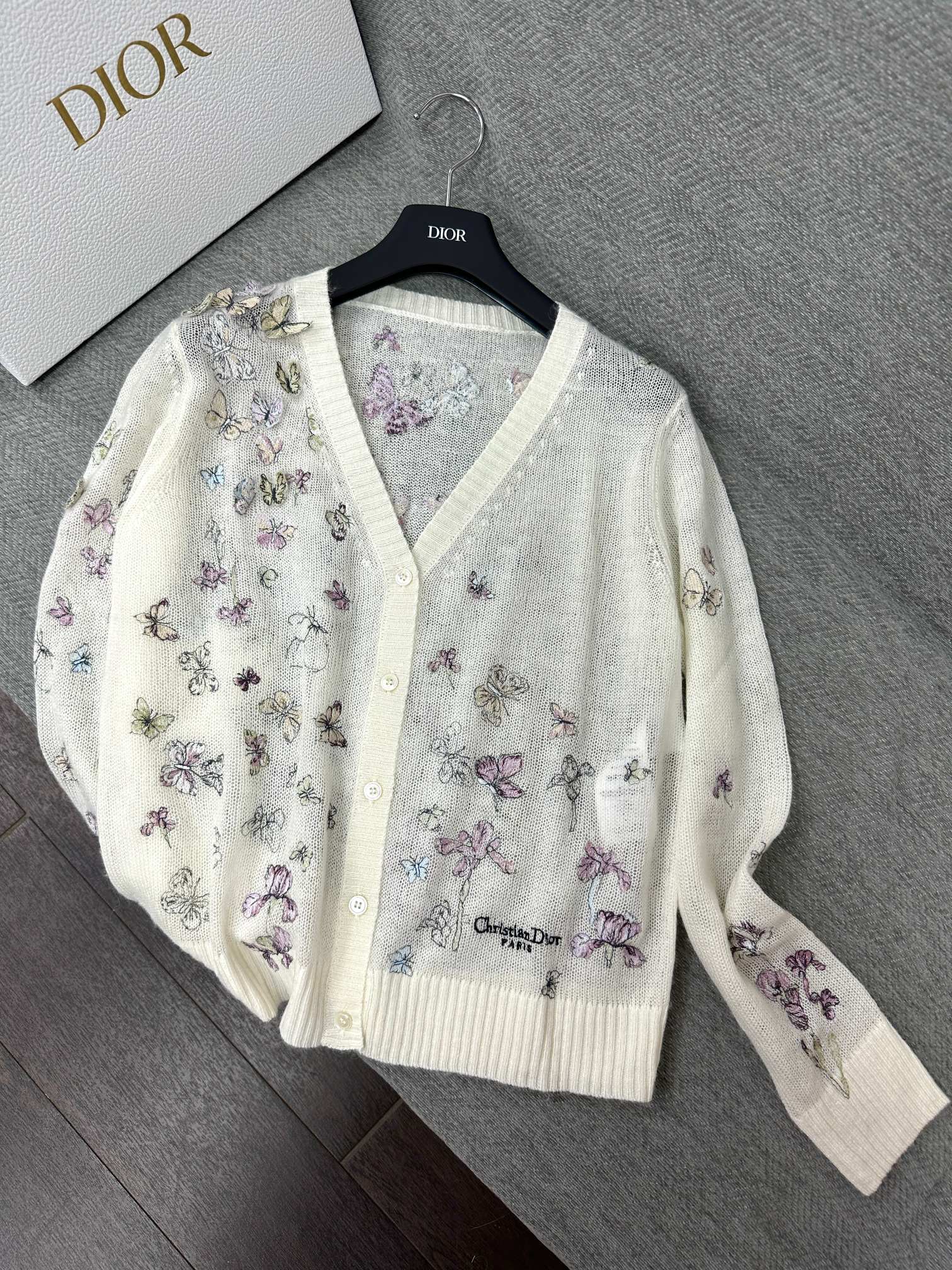 CD Butterfly Embroidered Cardigan White Alpaca Wool Cashmere 345330