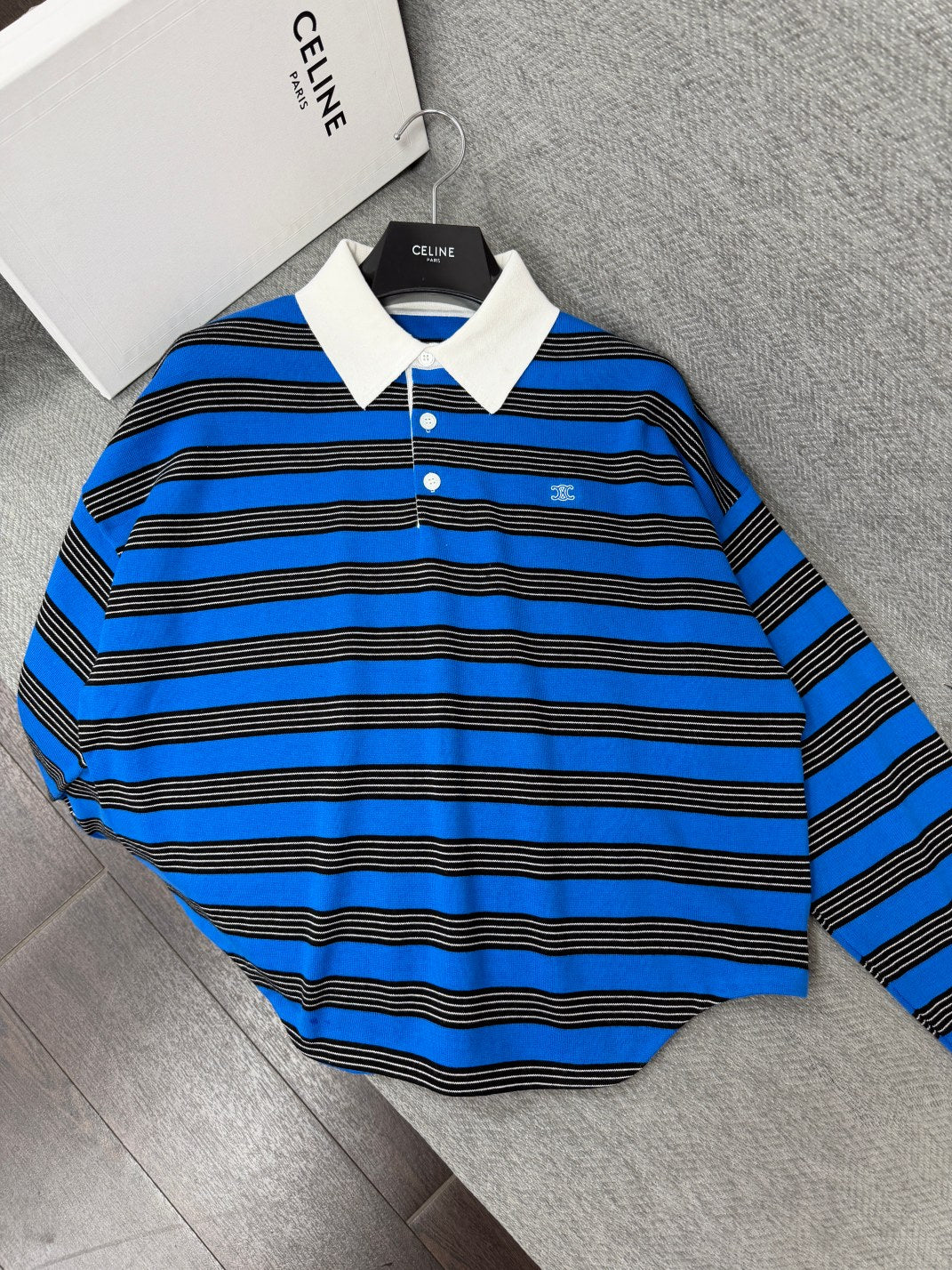 Celine 26s Striped Collared Knit Sweater Blue Black 414835