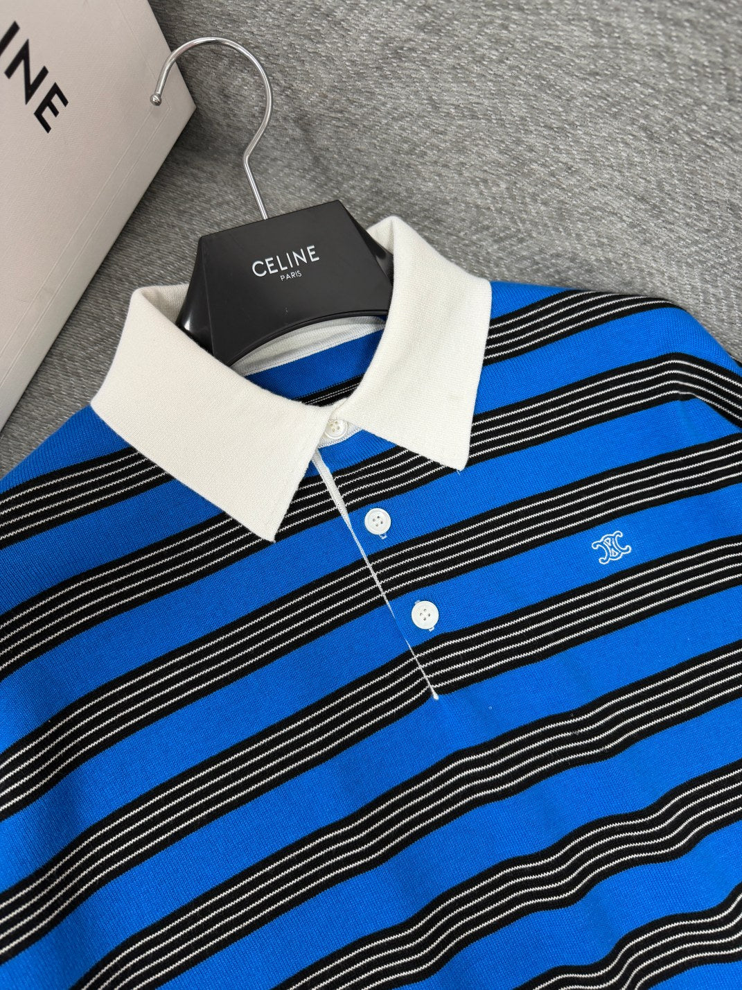 Celine 26s Striped Collared Knit Sweater Blue Black 414835