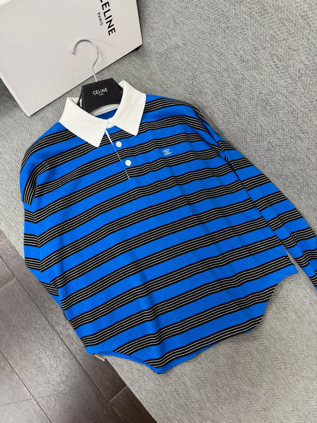 Celine 26s Striped Collared Knit Sweater Blue Black 414835