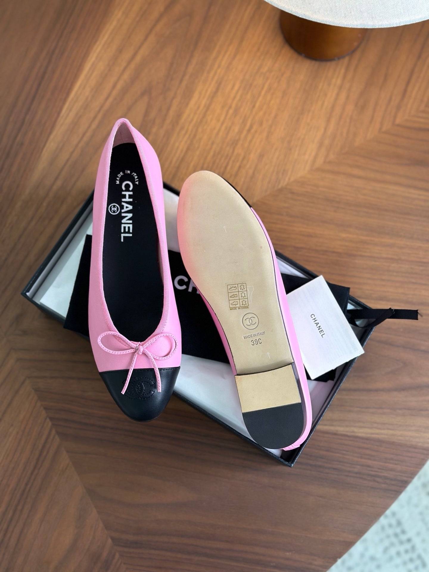 CC 26s Ballet Flat Pink Black Calfskin 938175